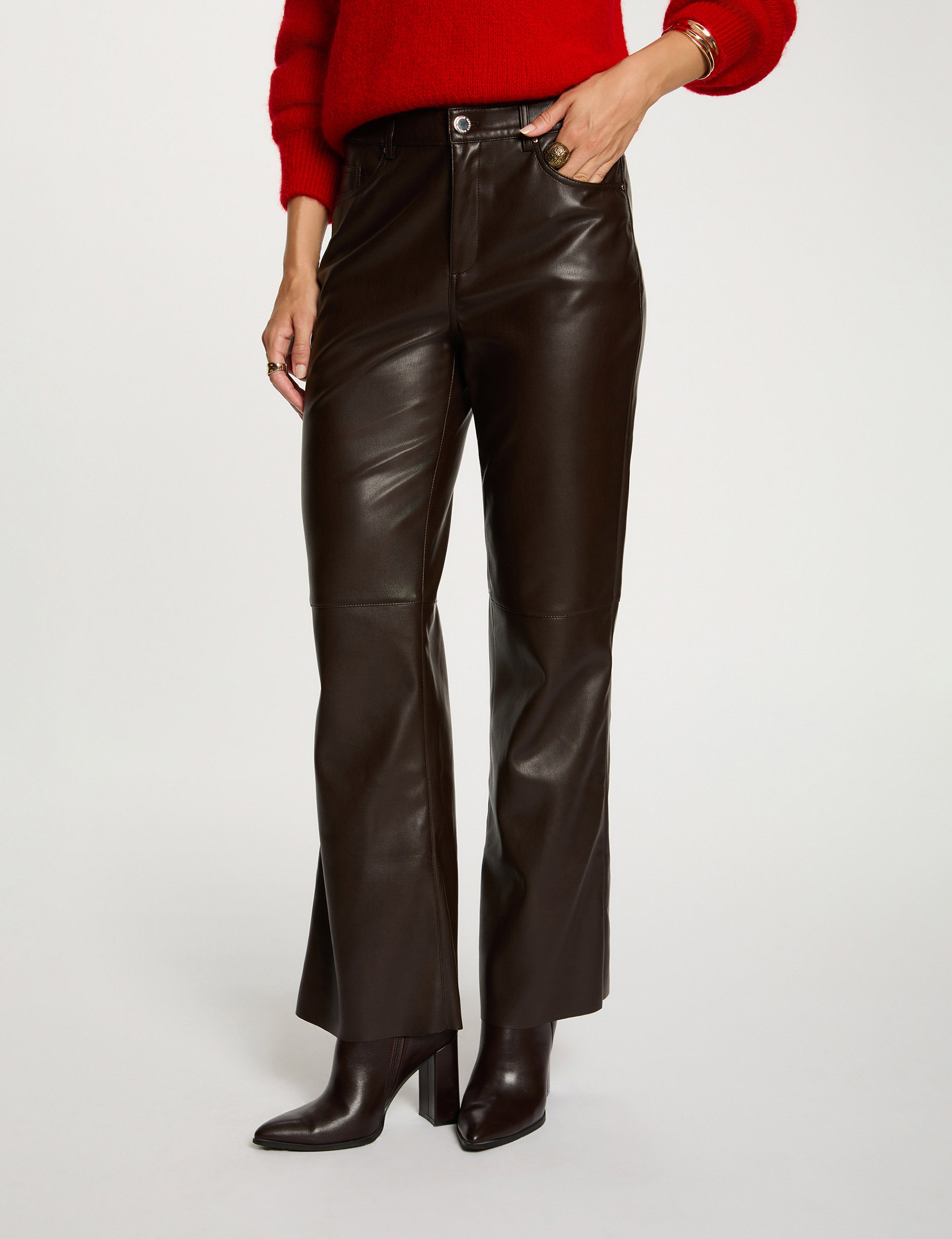 Pantal&oacute;n bootcut de cuero sint&eacute;tico marr&oacute;n oscuro mujer
