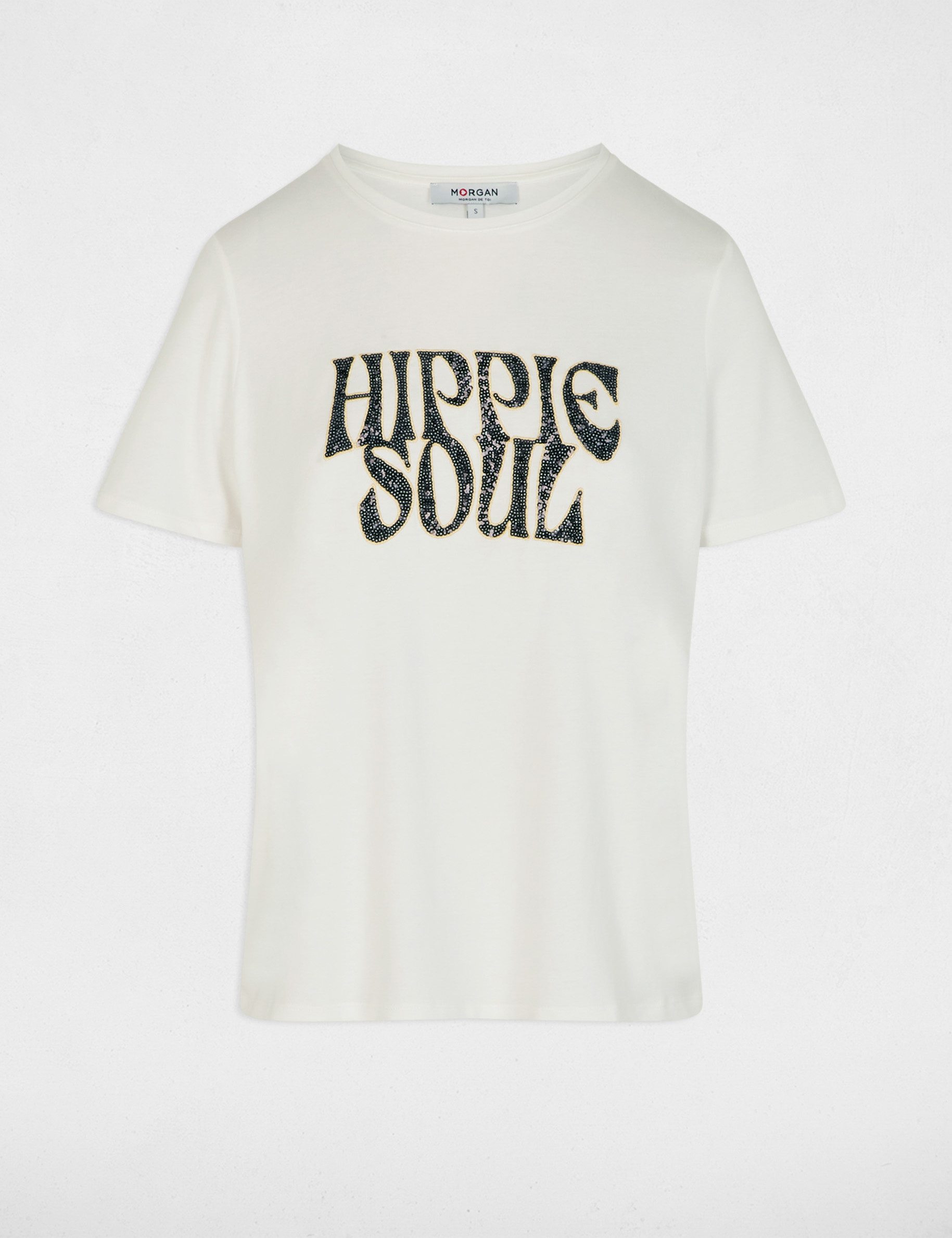 Camiseta bordada con lentejuelas blanco mujer