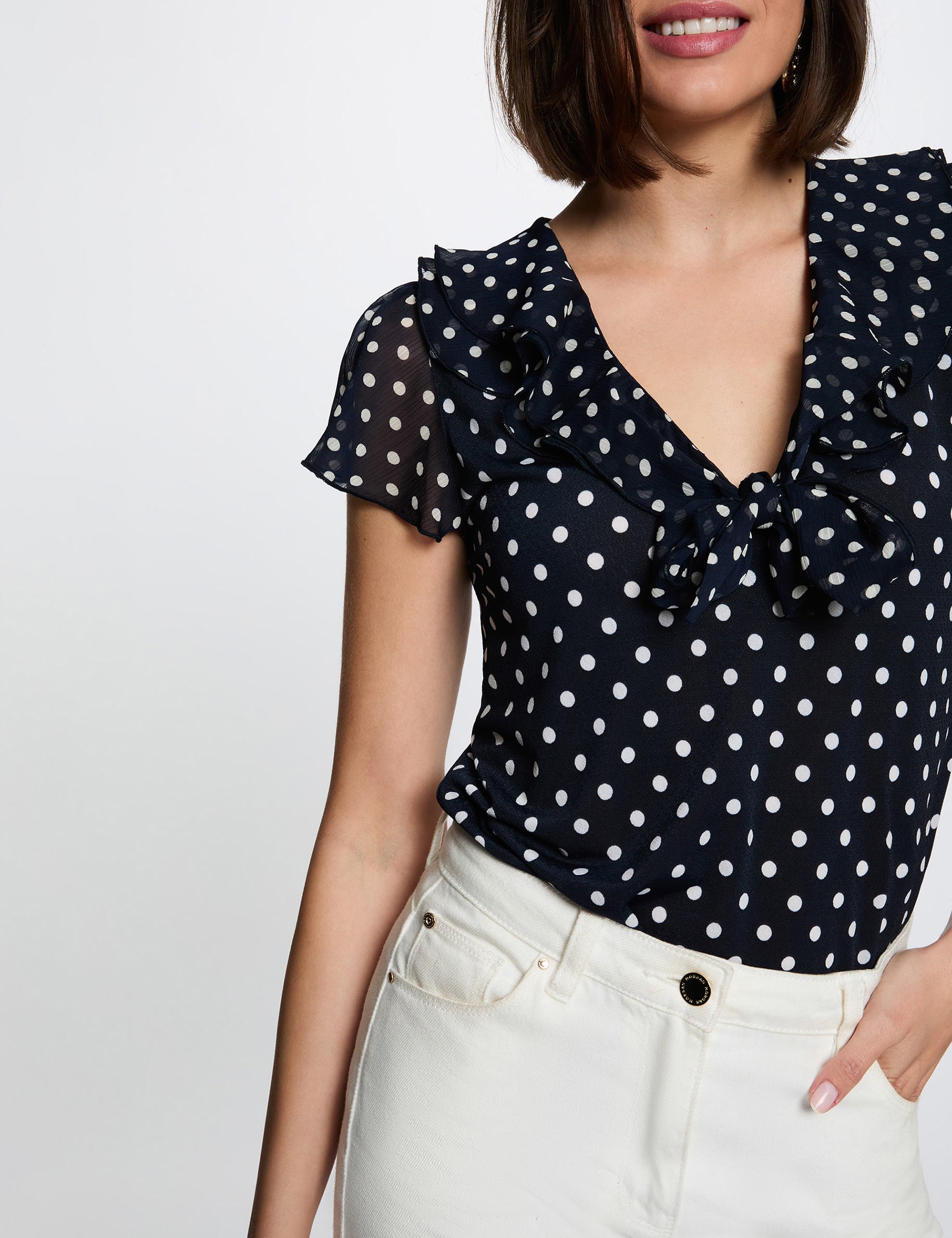 Camiseta de voile con cuello en V azul marino mujer