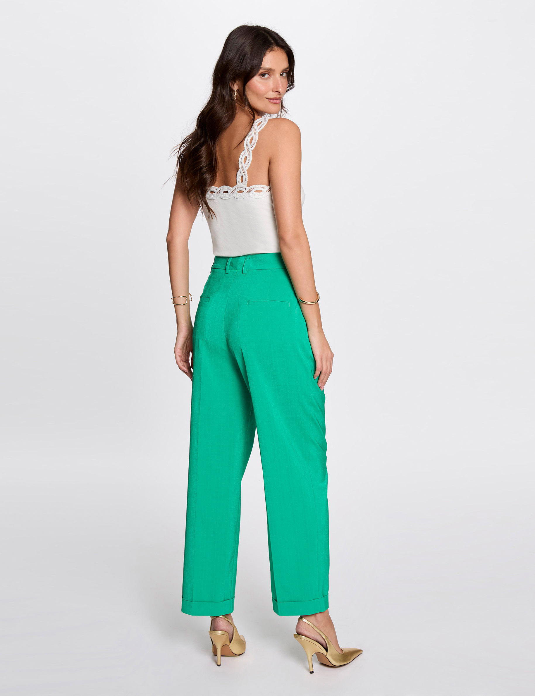 pantalon recto con pinzas verde emeralda mujer Pantalón recto con pinzas verde emeralda mujer