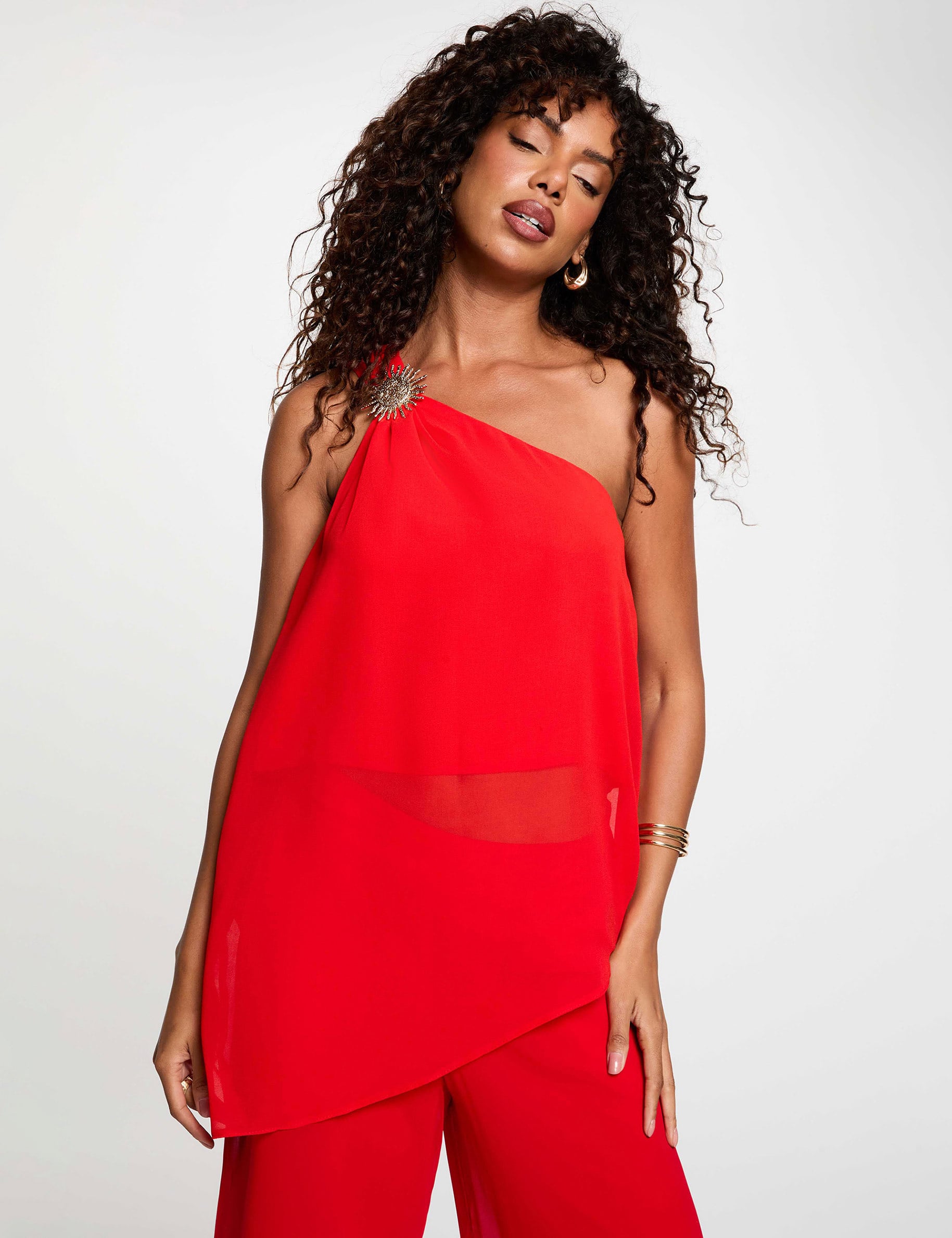 Top asim&eacute;trico de gasa rojo mujer