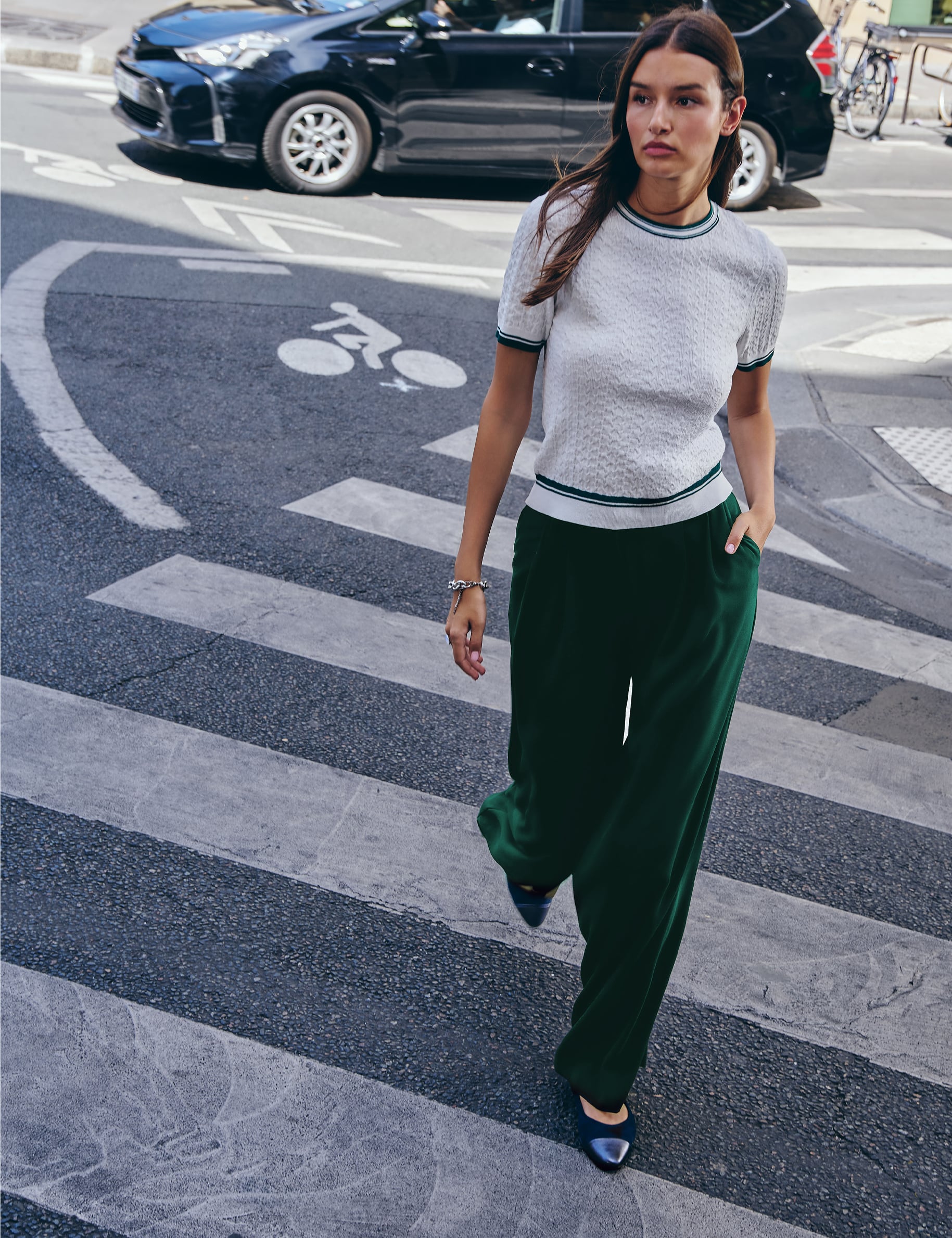 Pantal&oacute;n ancho de tiro alto verde mujer