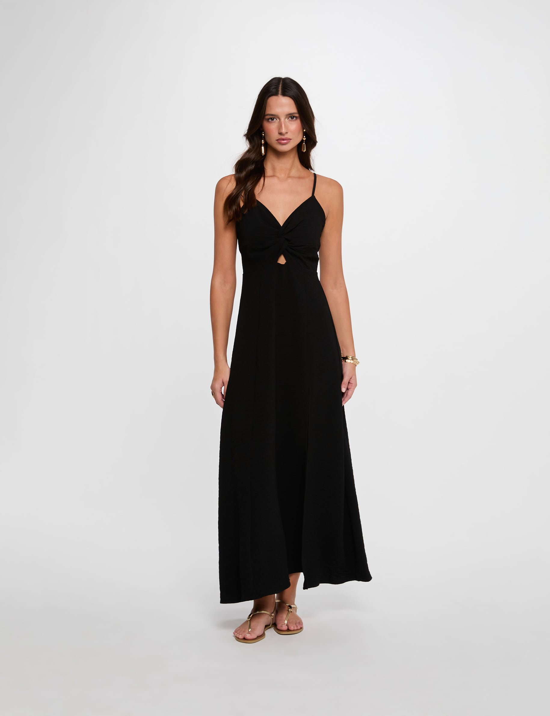 Vestido largo con cuello en V negro mujer