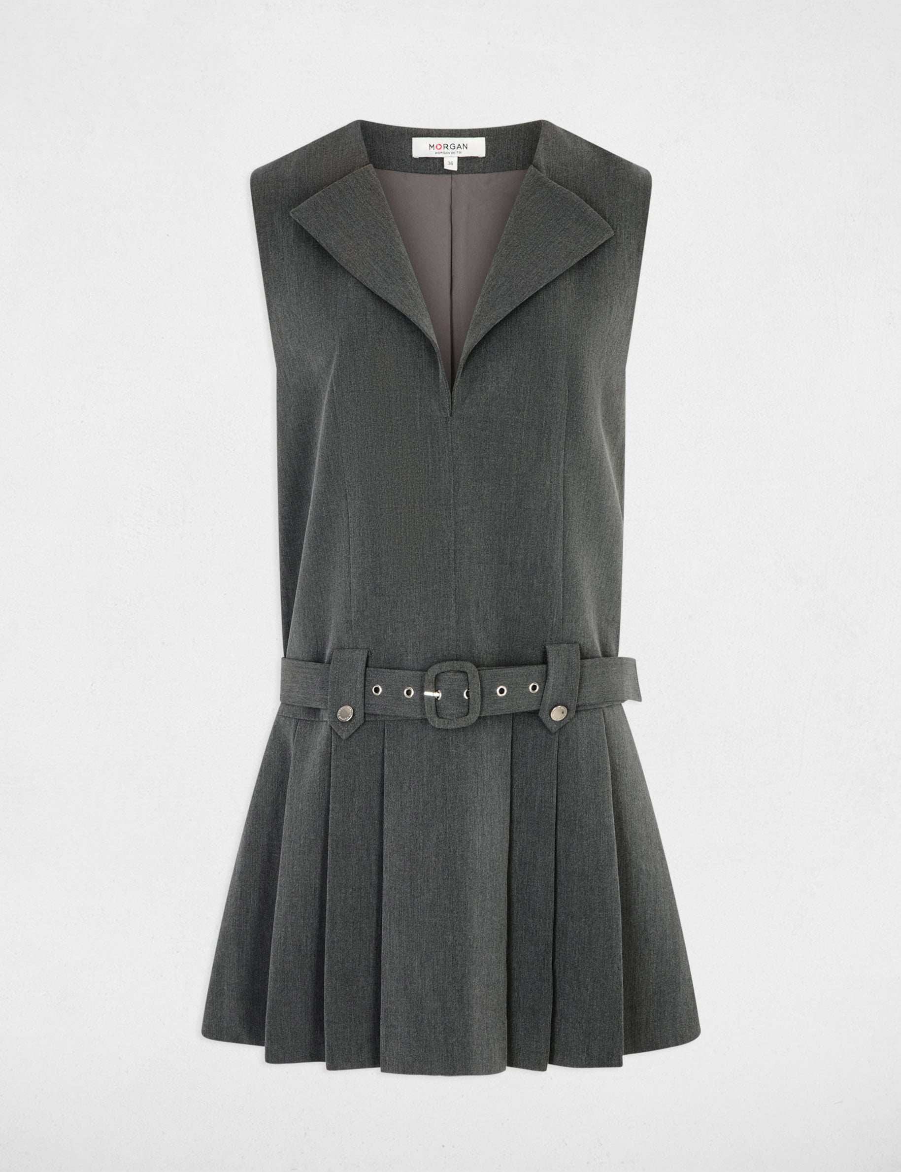 Vestido con cintur&oacute;n y cuello en V gris moyen mujer