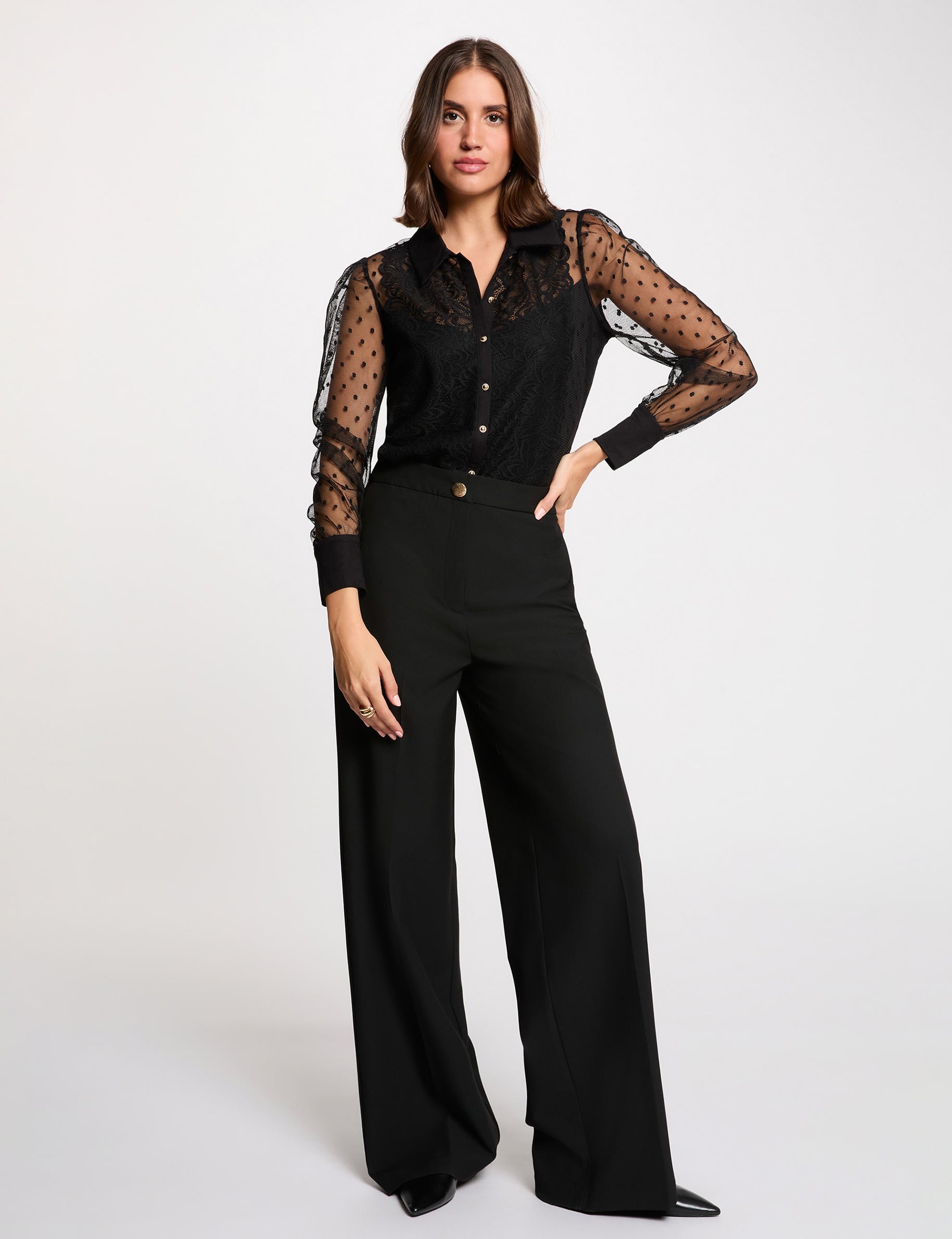 Camiseta de encaje manga larga negro mujer