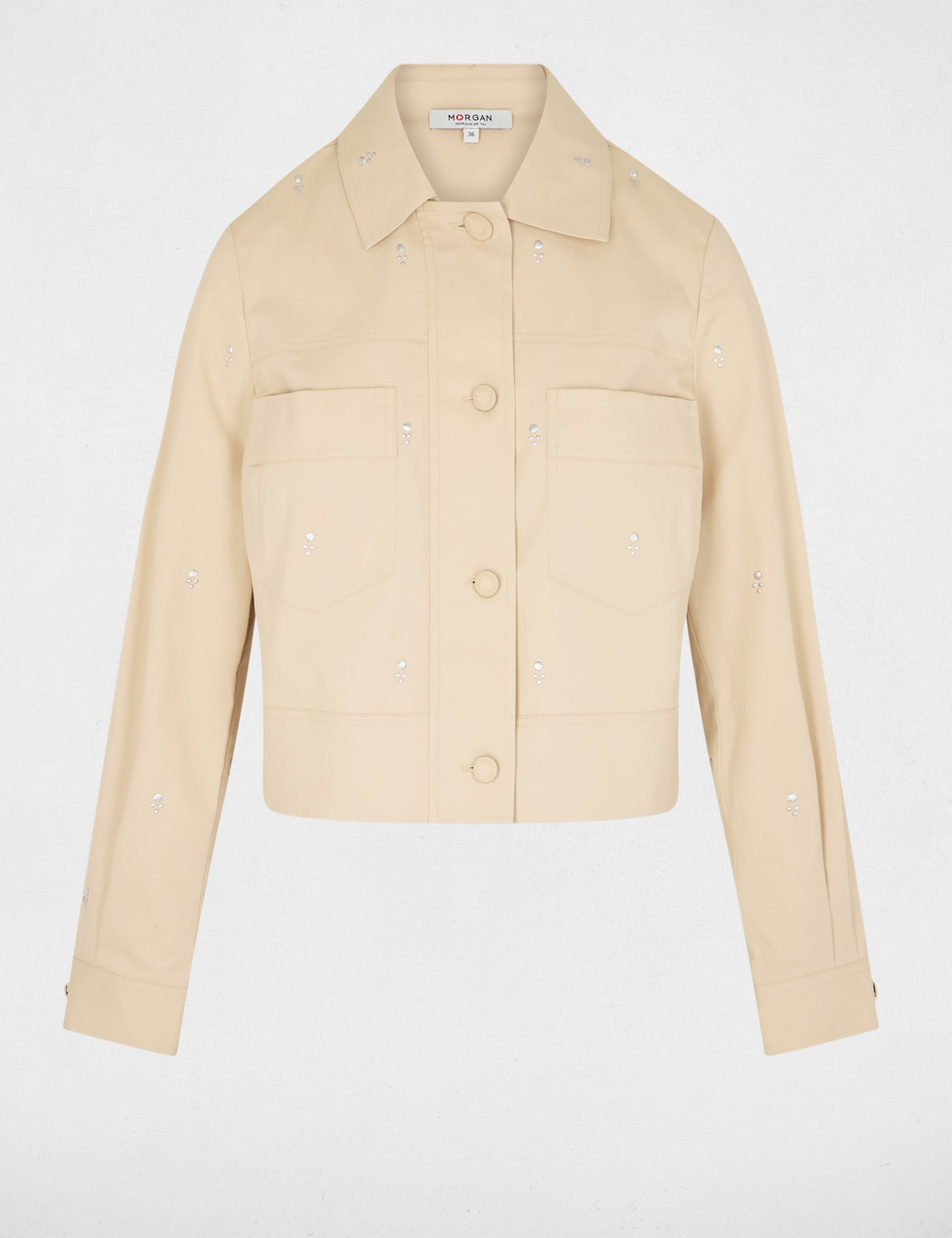 Chaqueta cropped con tachuelas beige mujer