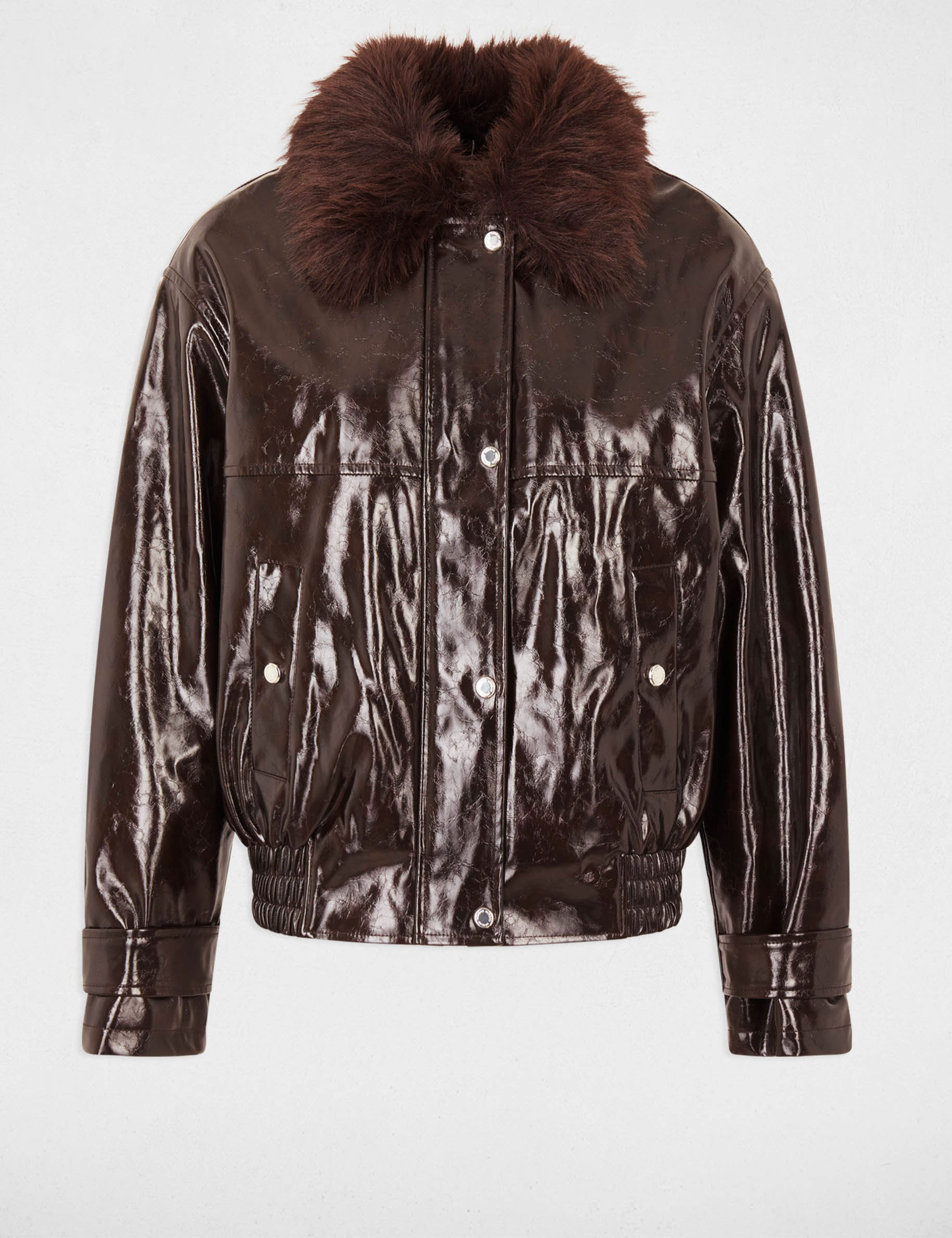 Chaqueta con cuello de pelo marr&oacute;n oscuro mujer