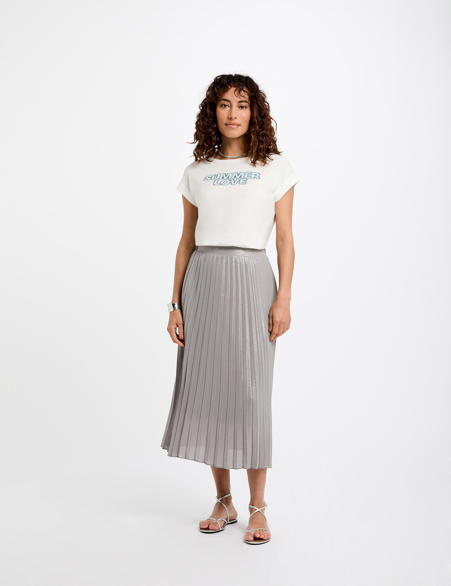 Falda larga plisada couleur argent mujer