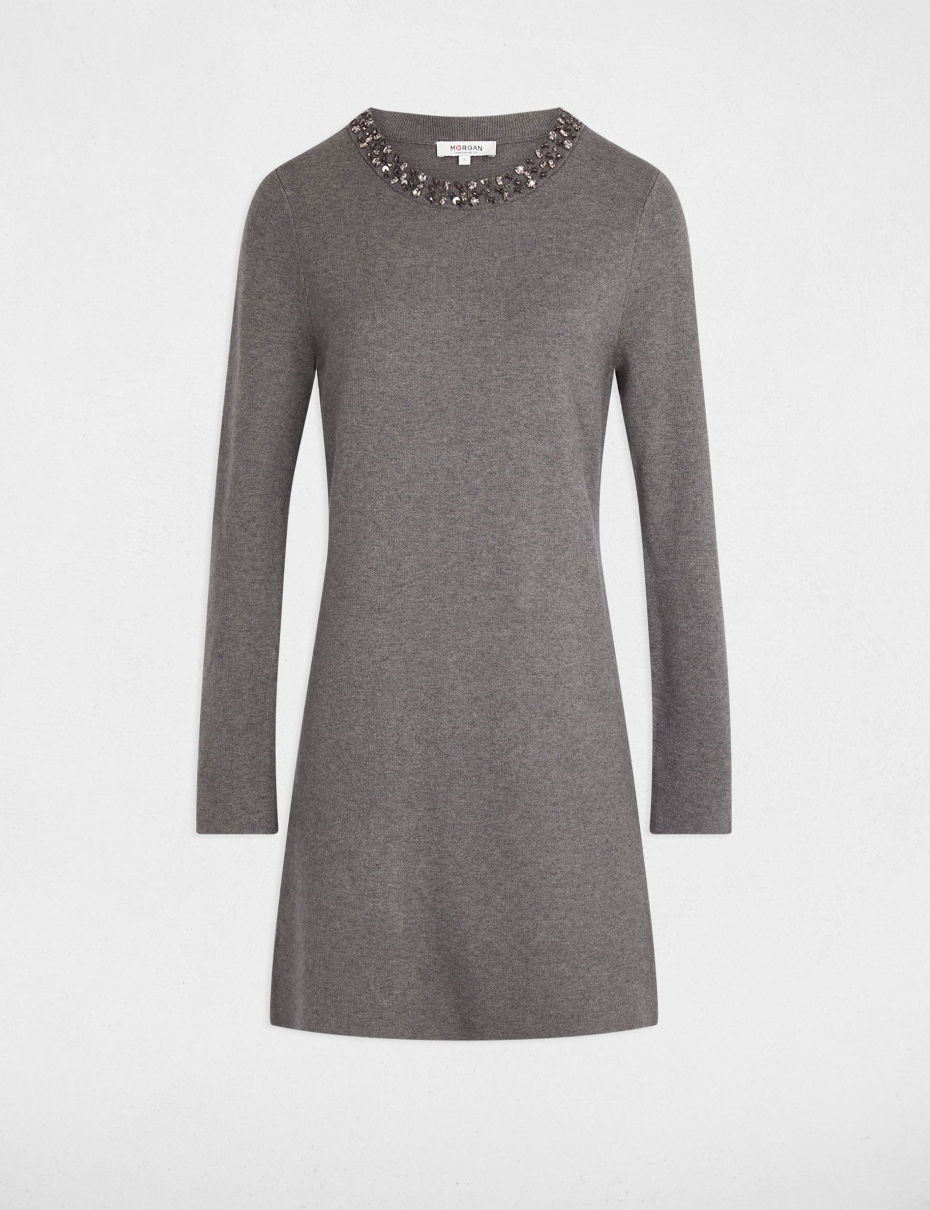 Vestido de punto con cuello redondo gris oscuro mujer