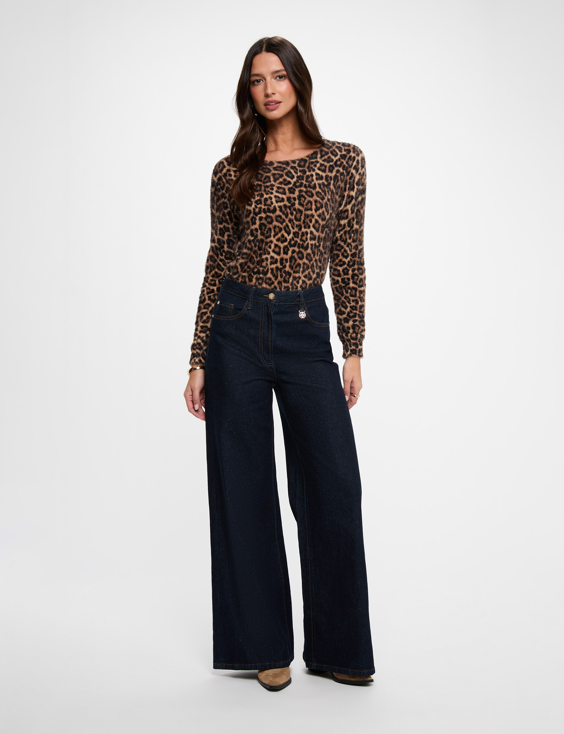 Jersey de cuello redondo leopardo beige mujer