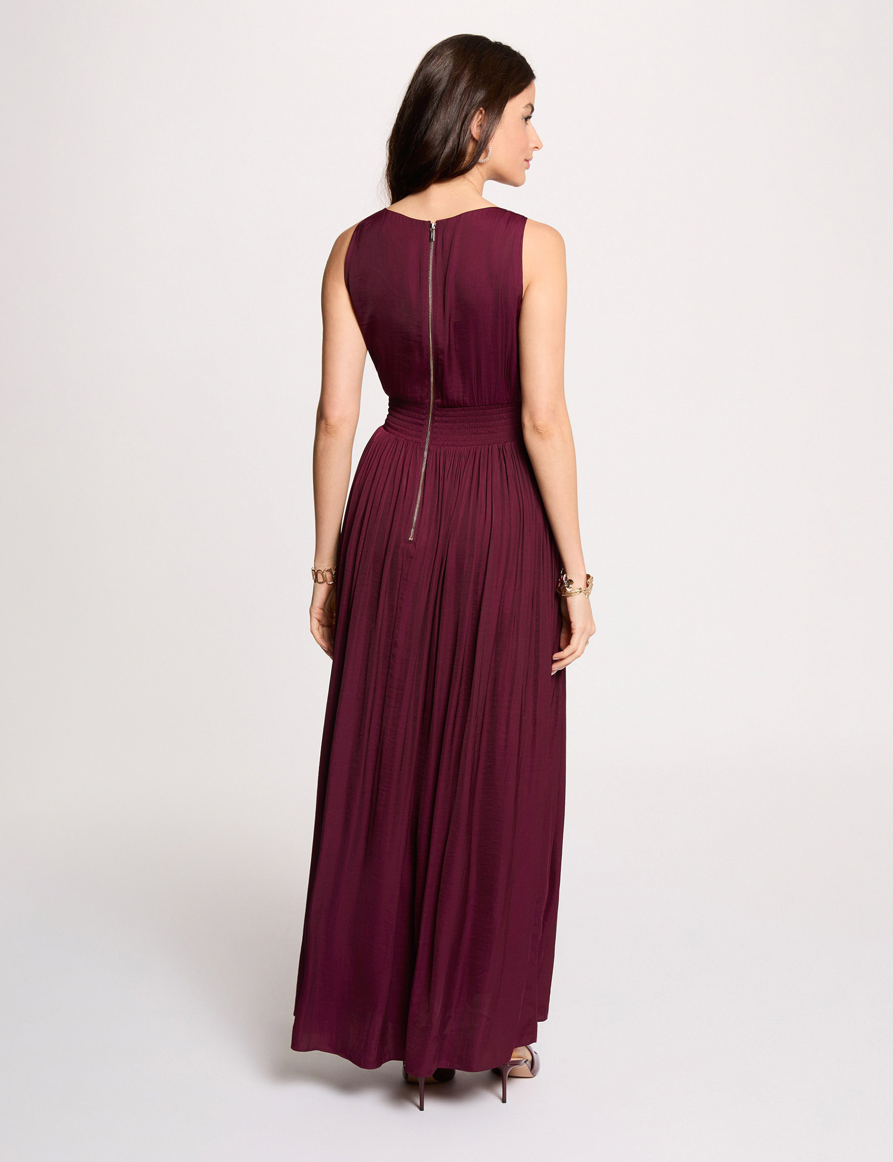 Vestido largo con cuello en V ciruela mujer