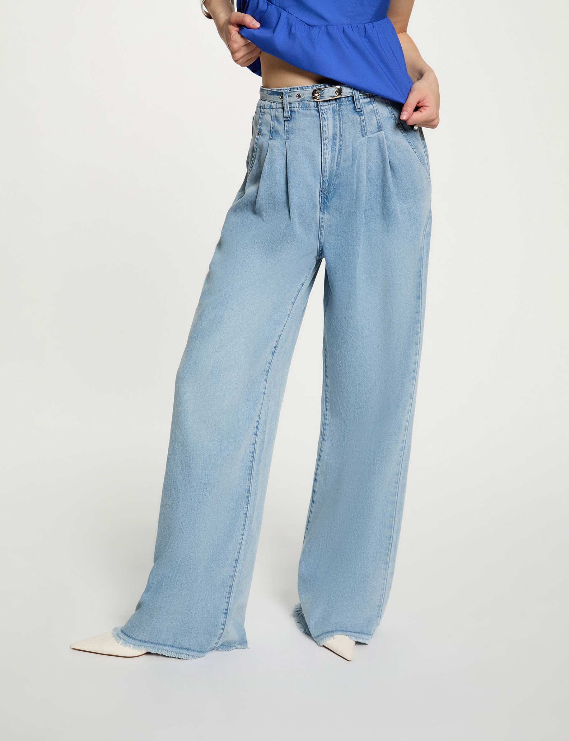 Jean ancho de tiro alto denim descolorido mujer