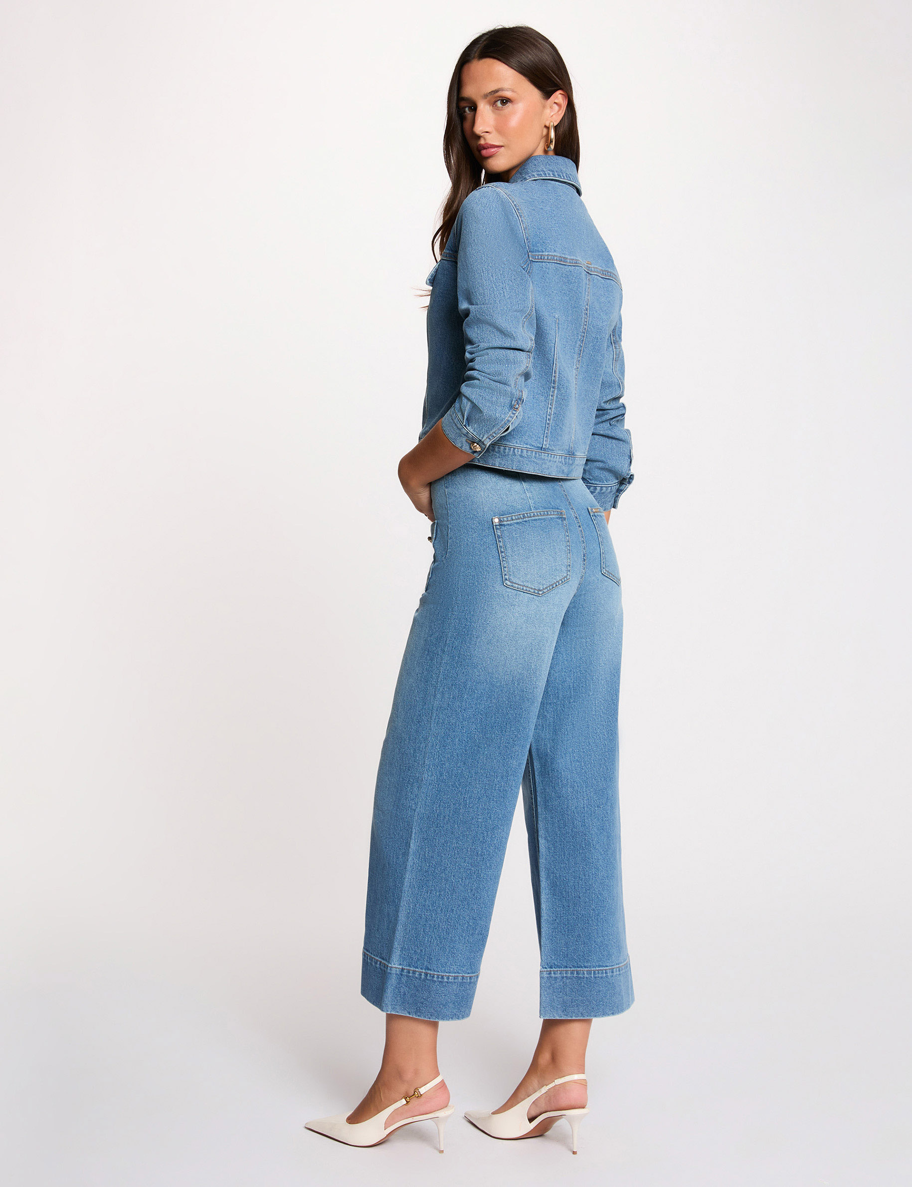 Jean ancho de tiro alto denim stone mujer