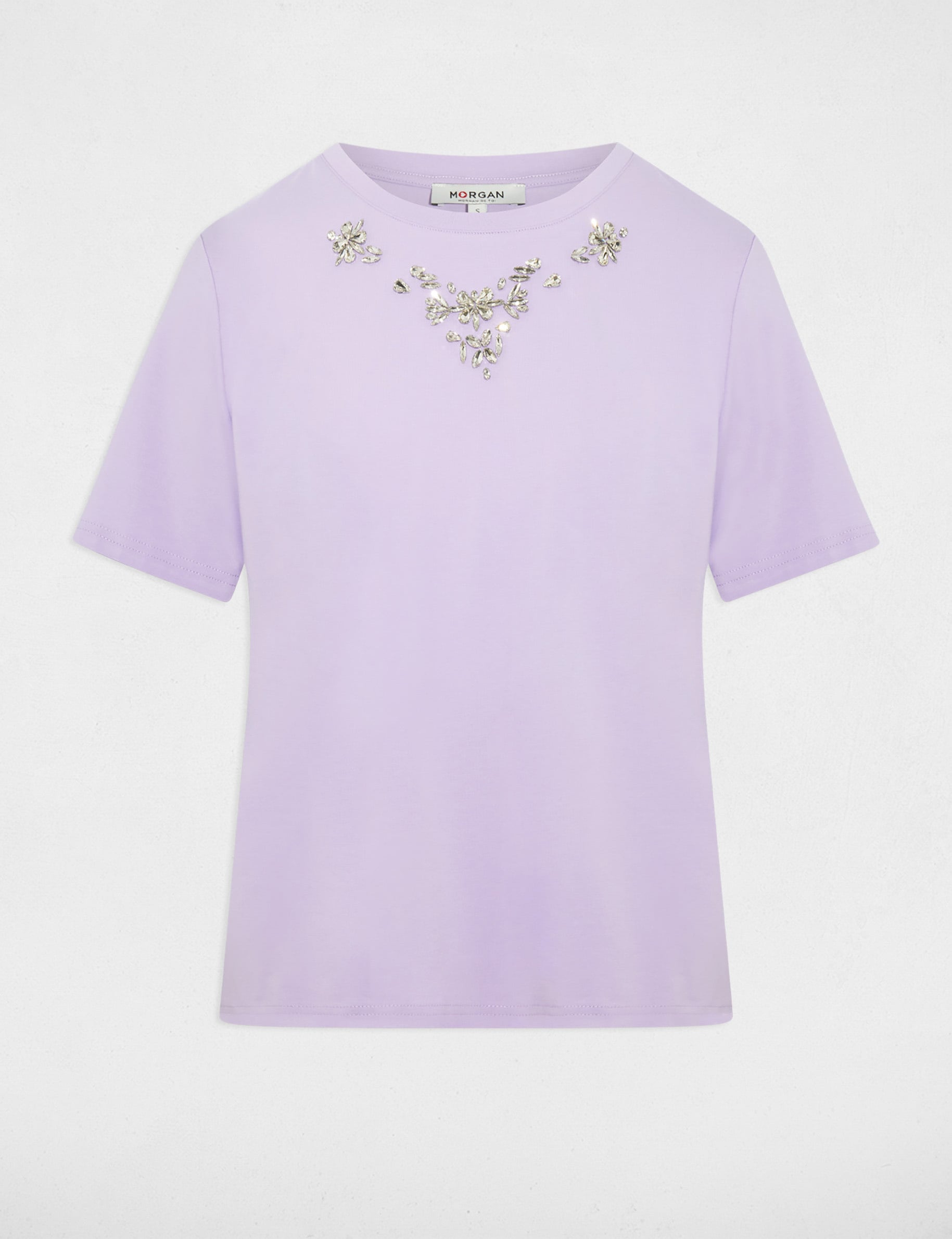Camiseta de strass manga corta morado mujer