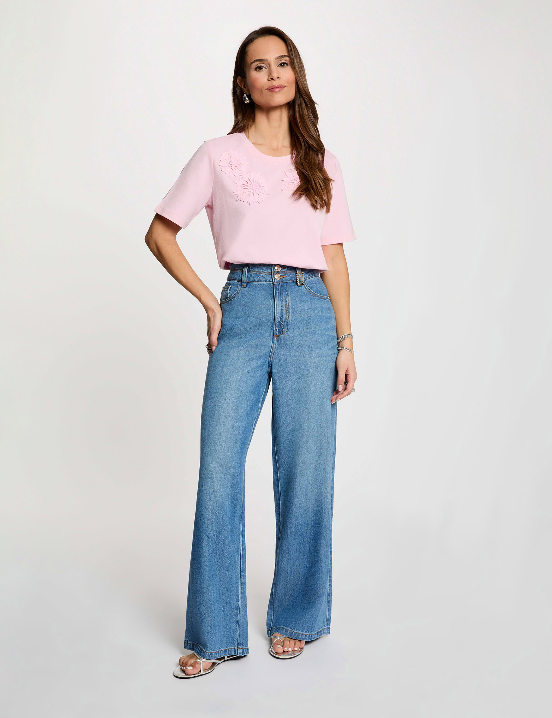 Camiseta recta cuello redondo rosa mujer