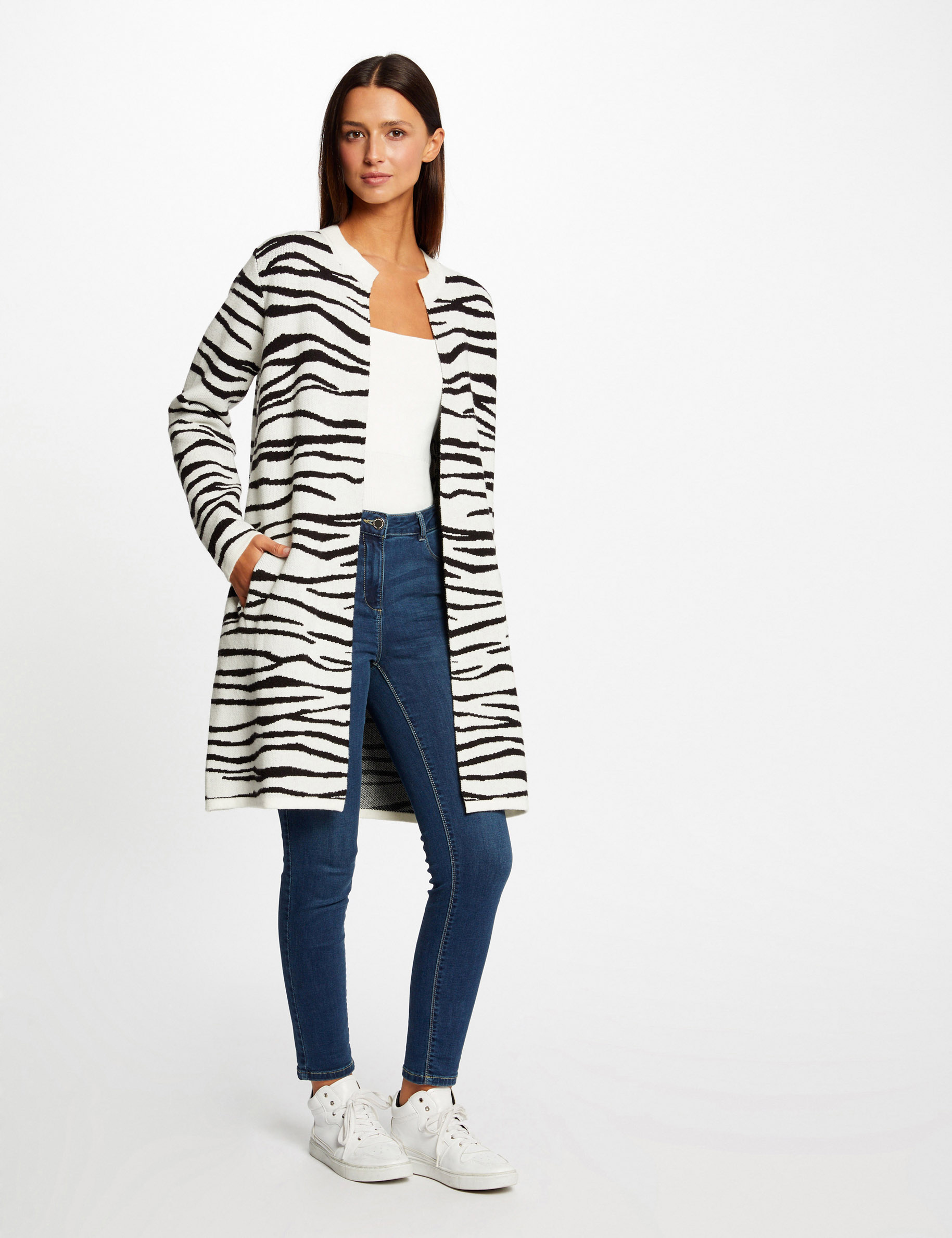 cardigan largo estampado de cebra negro mujer Cárdigan largo estampado de cebra negro mujer