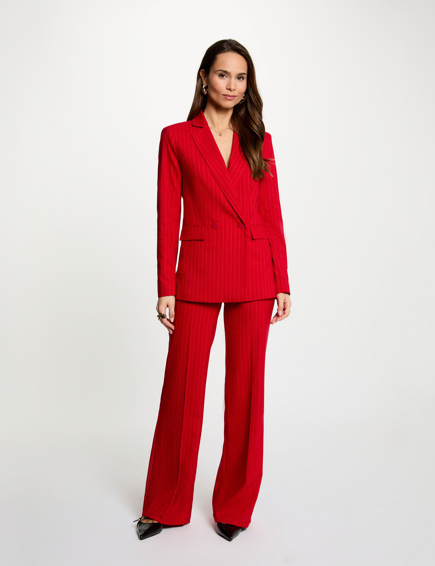Pantal&oacute;n recto de tiro alto rojo mujer