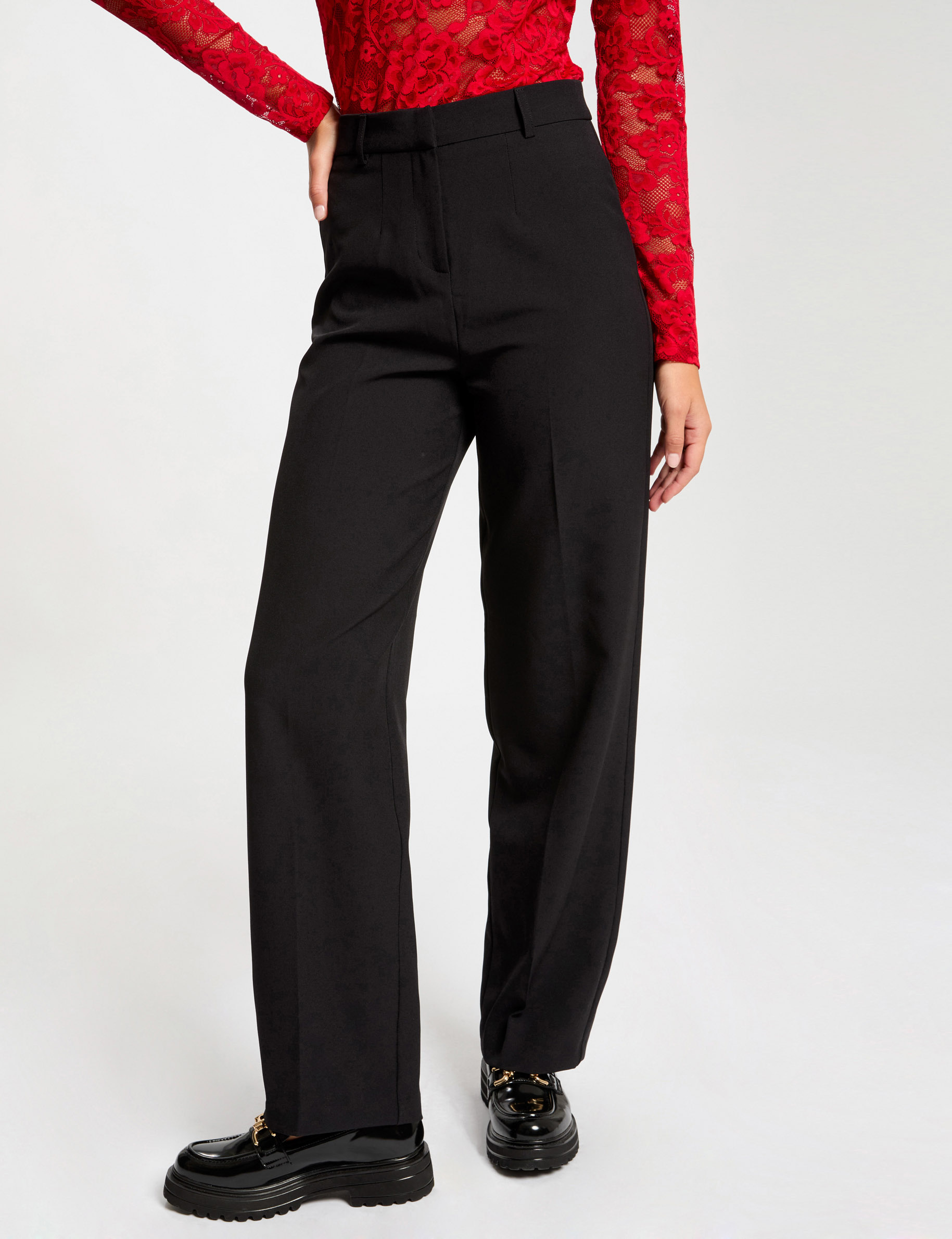 pantalon recto con pinzas negro mujer Pantalón recto con pinzas negro mujer