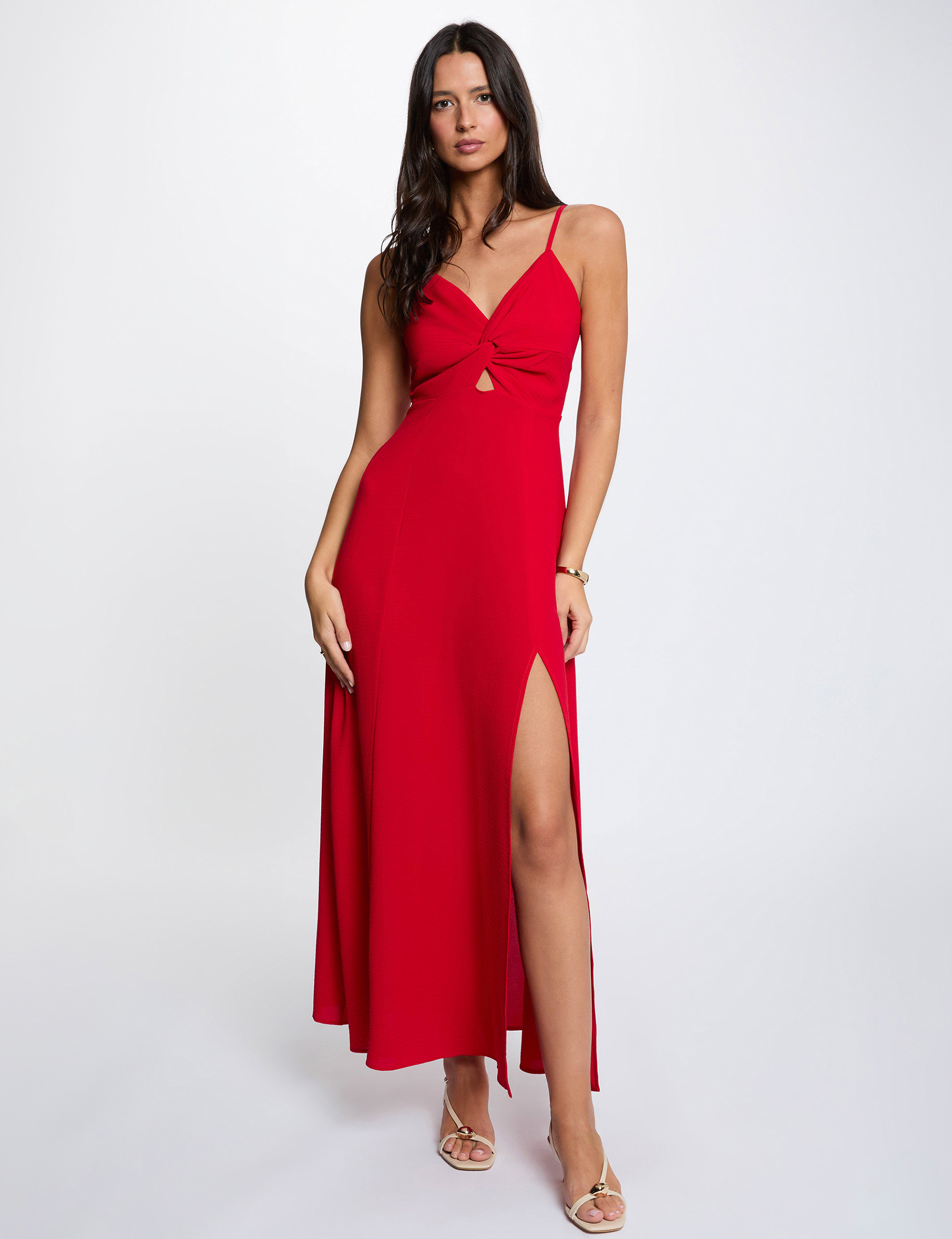 Vestido largo recto abertura rojo mujer