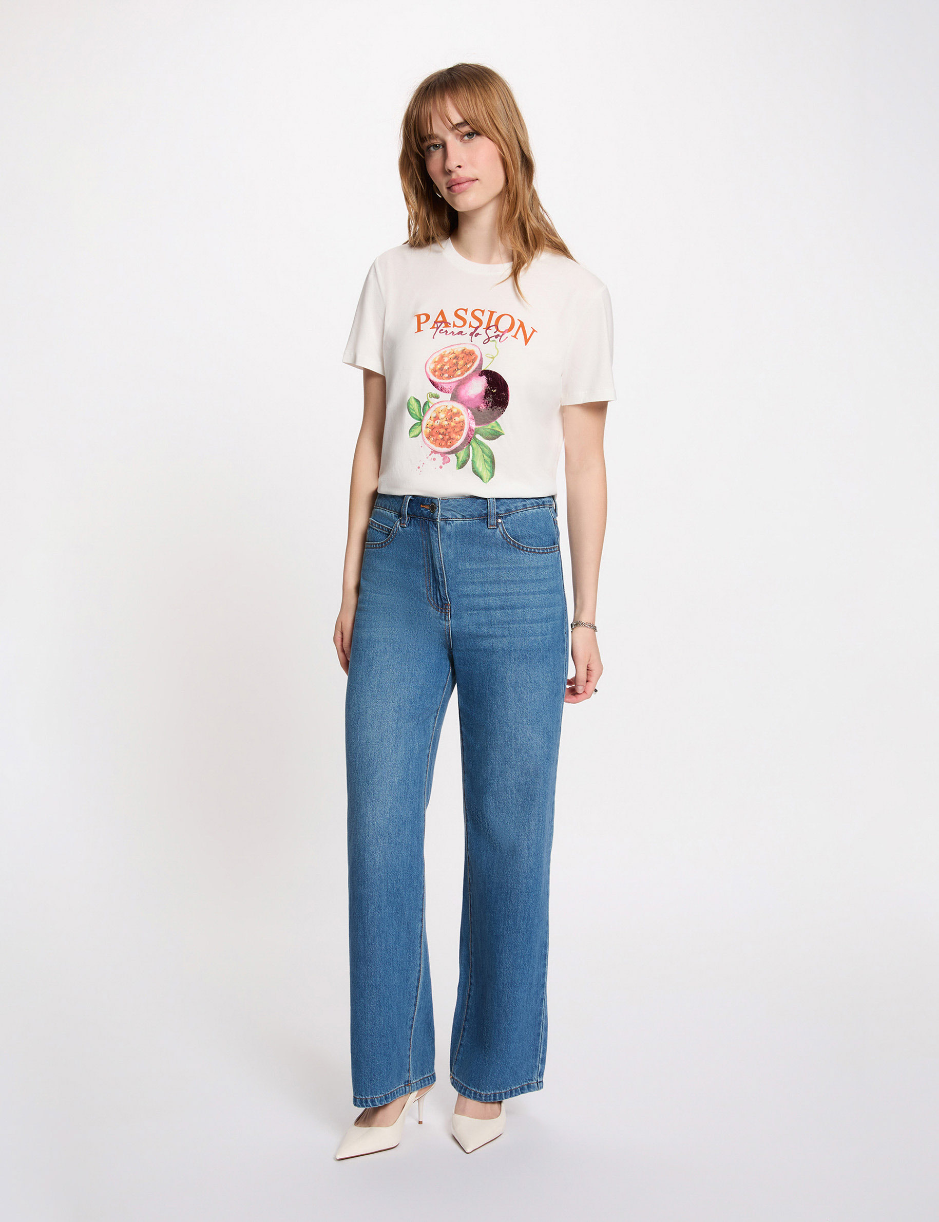 Camiseta estampada cuello redondo blanco mujer