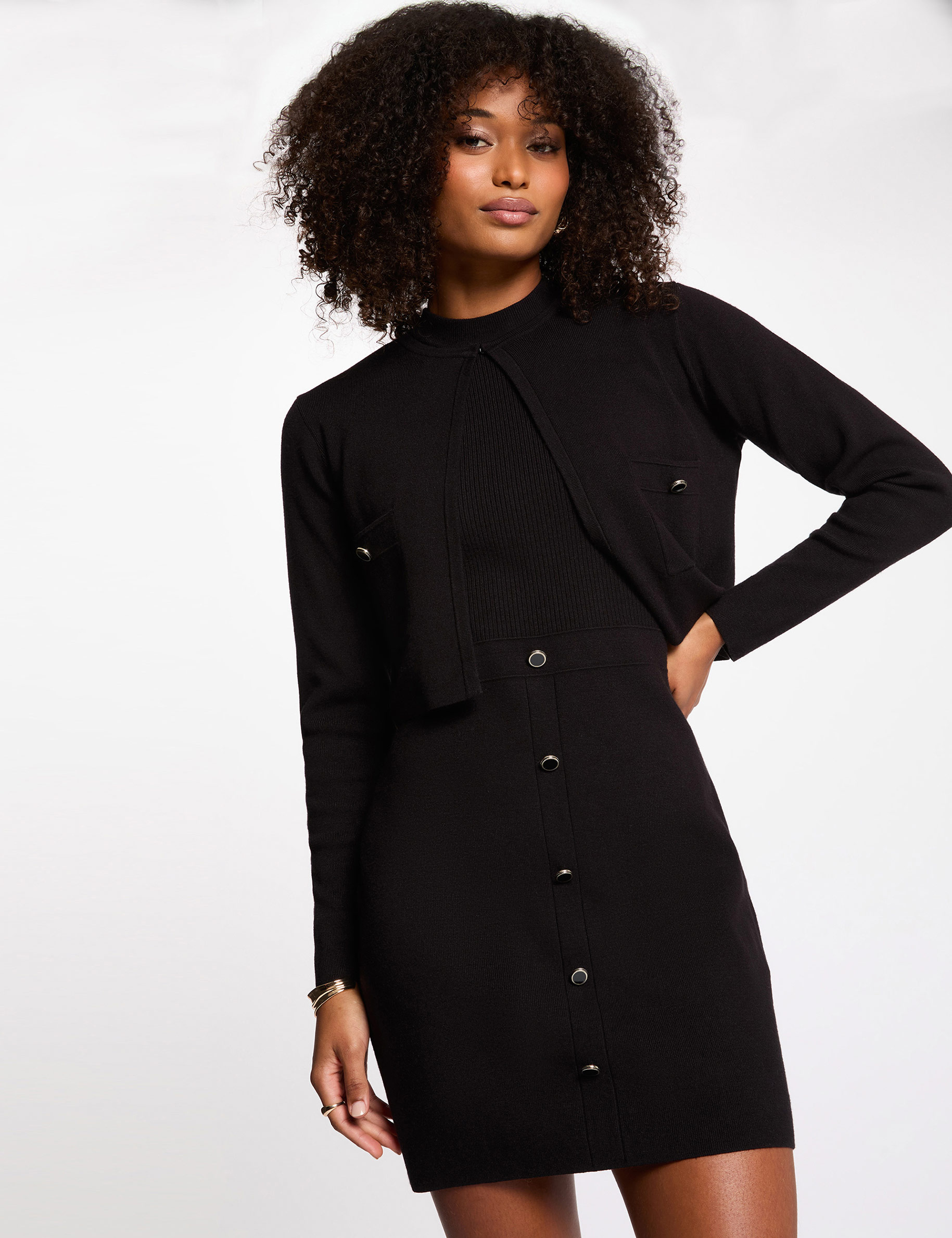 Vestido de punto efecto 2 en 1 negro mujer