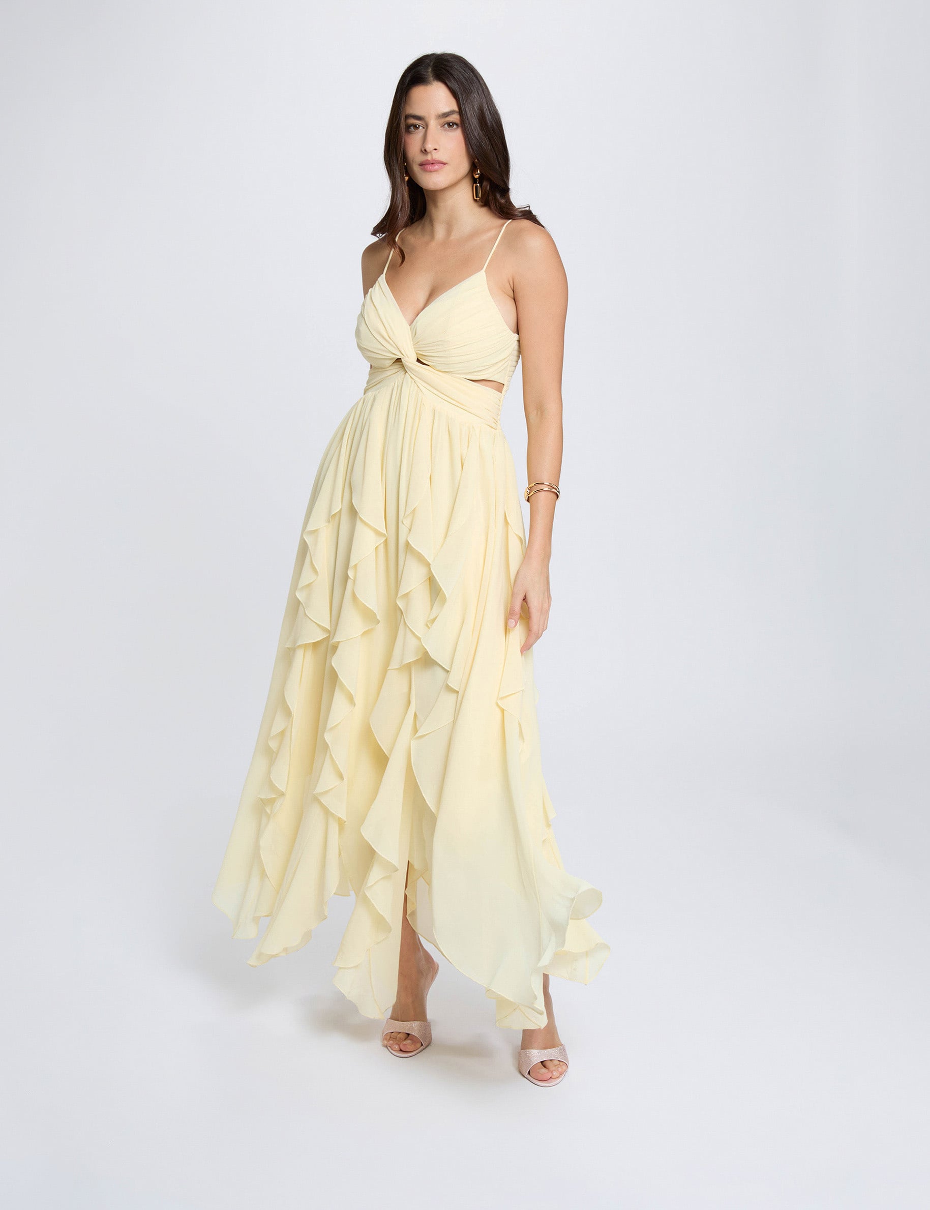 Vestido largo con cuello en V amarillo pastel mujer