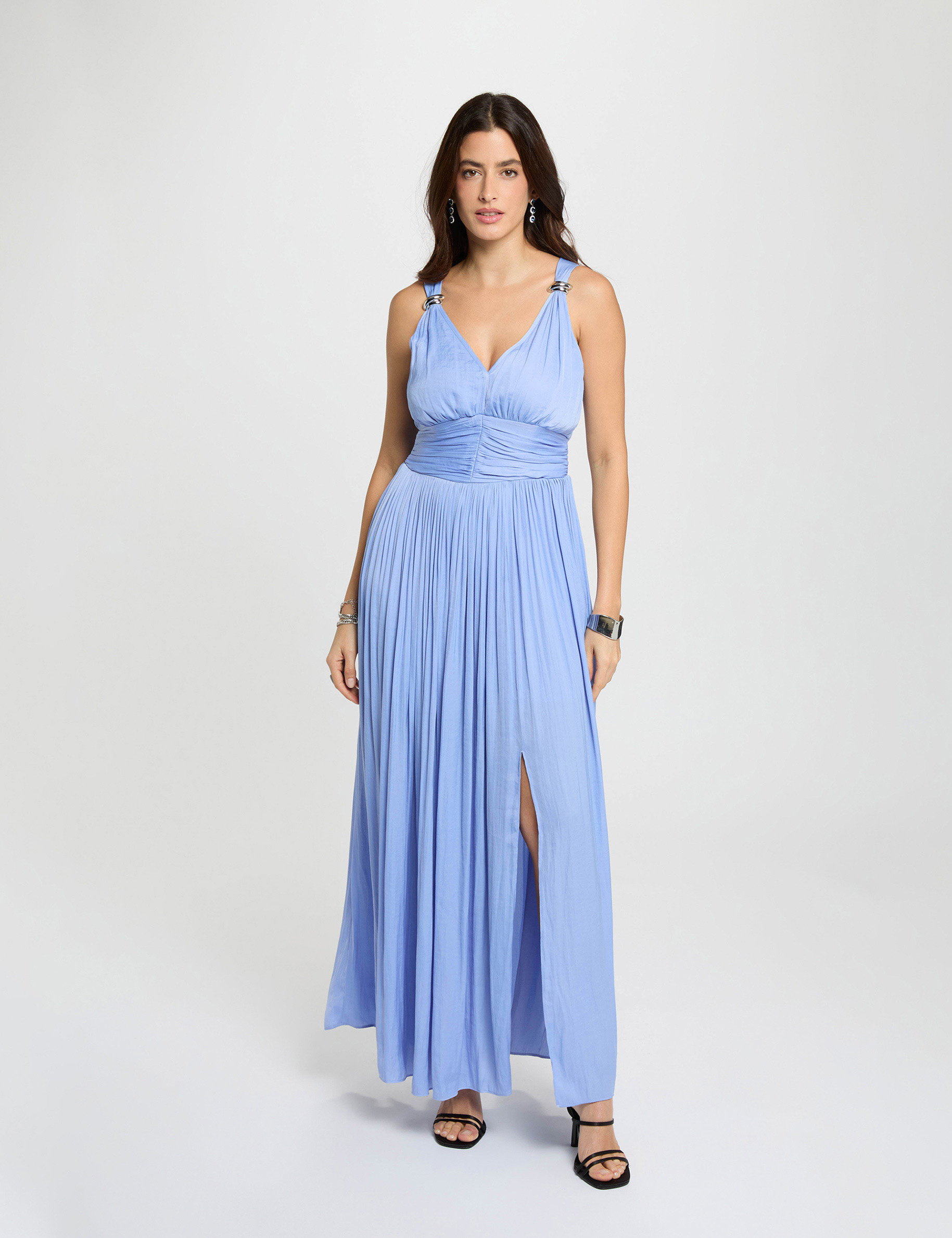 Vestido largo con cuello en V azul mujer