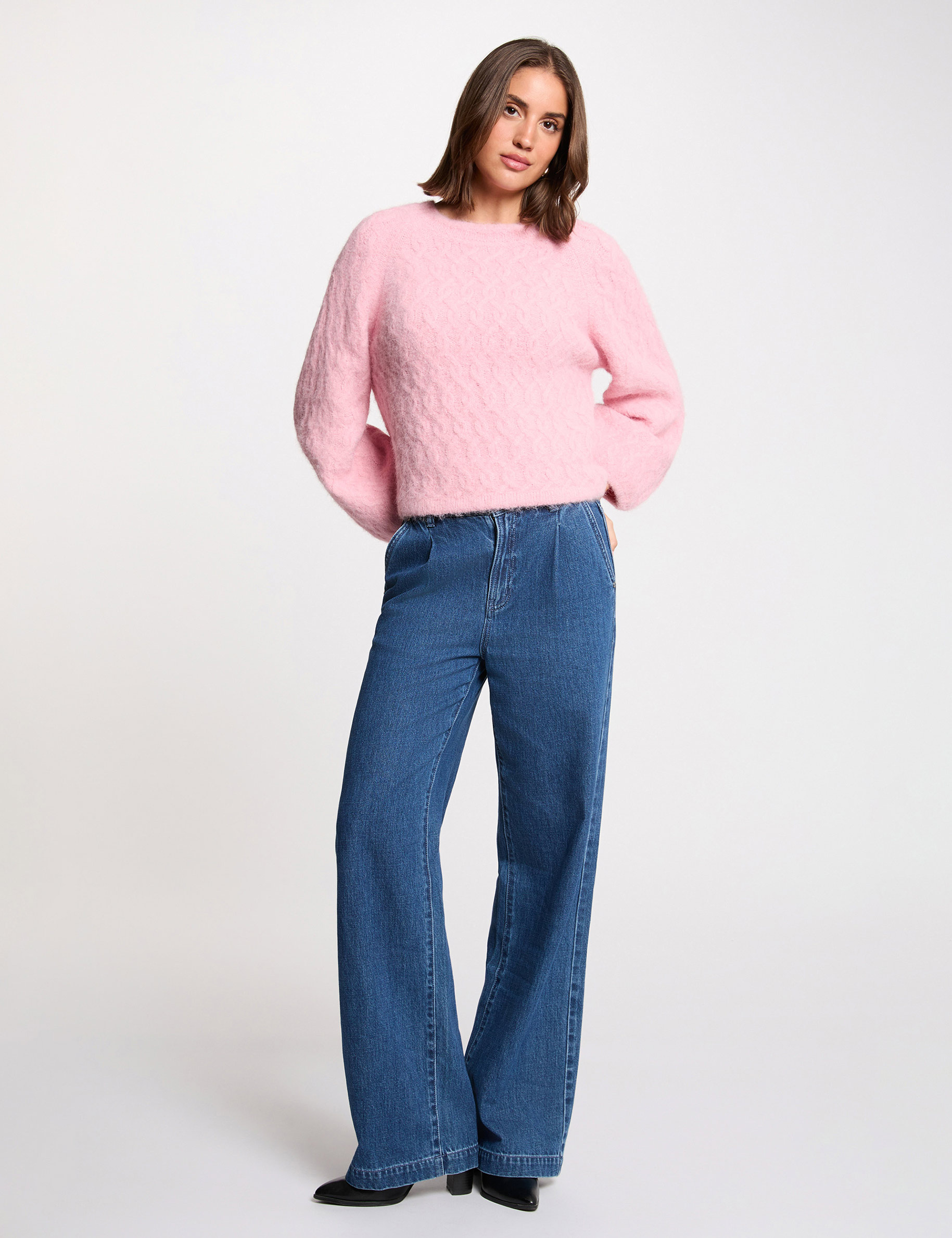 Jersey grueso con cuello redondo rosa mujer