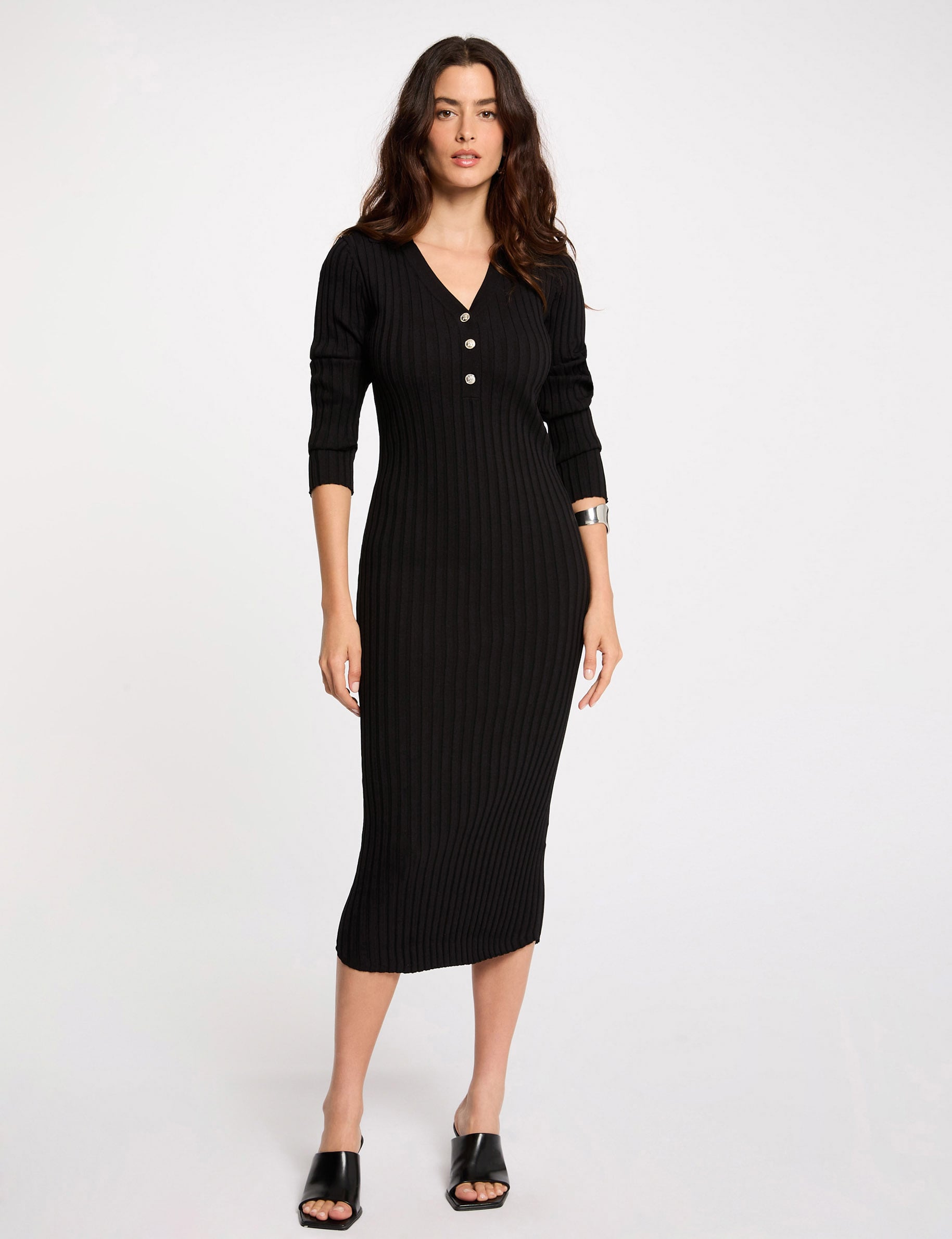 Vestido punto acanalado negro mujer