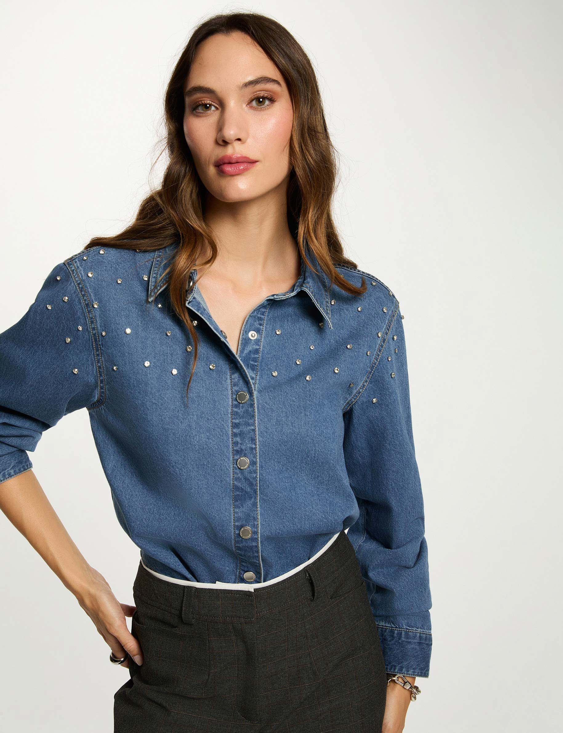 Camisa corta con cabujones denim stone mujer Morgan