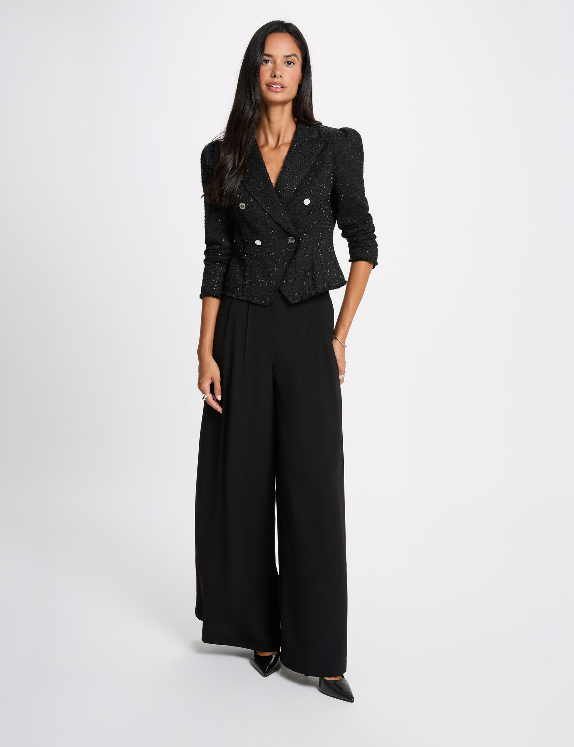Chaqueta entallada de tweed negro mujer