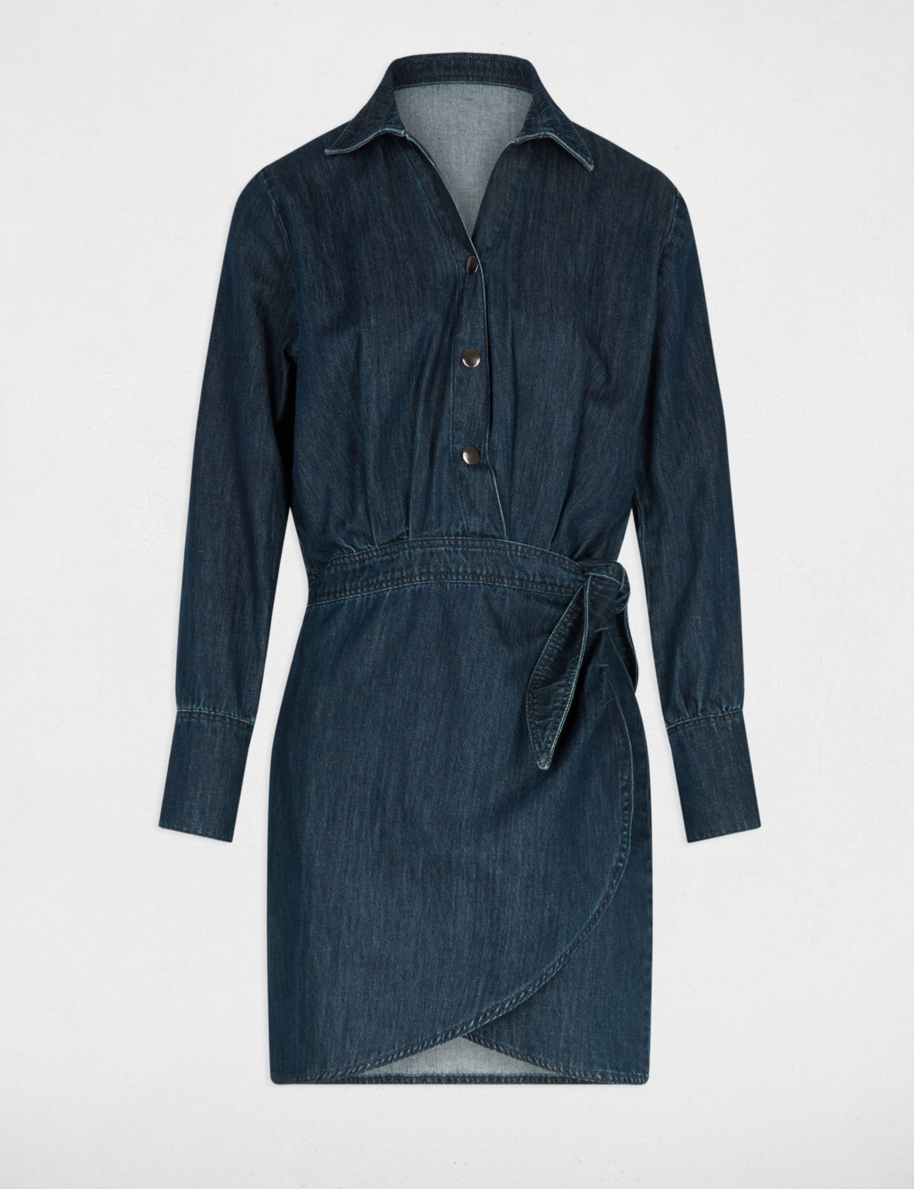Vestido corto cruzado denim crudo mujer