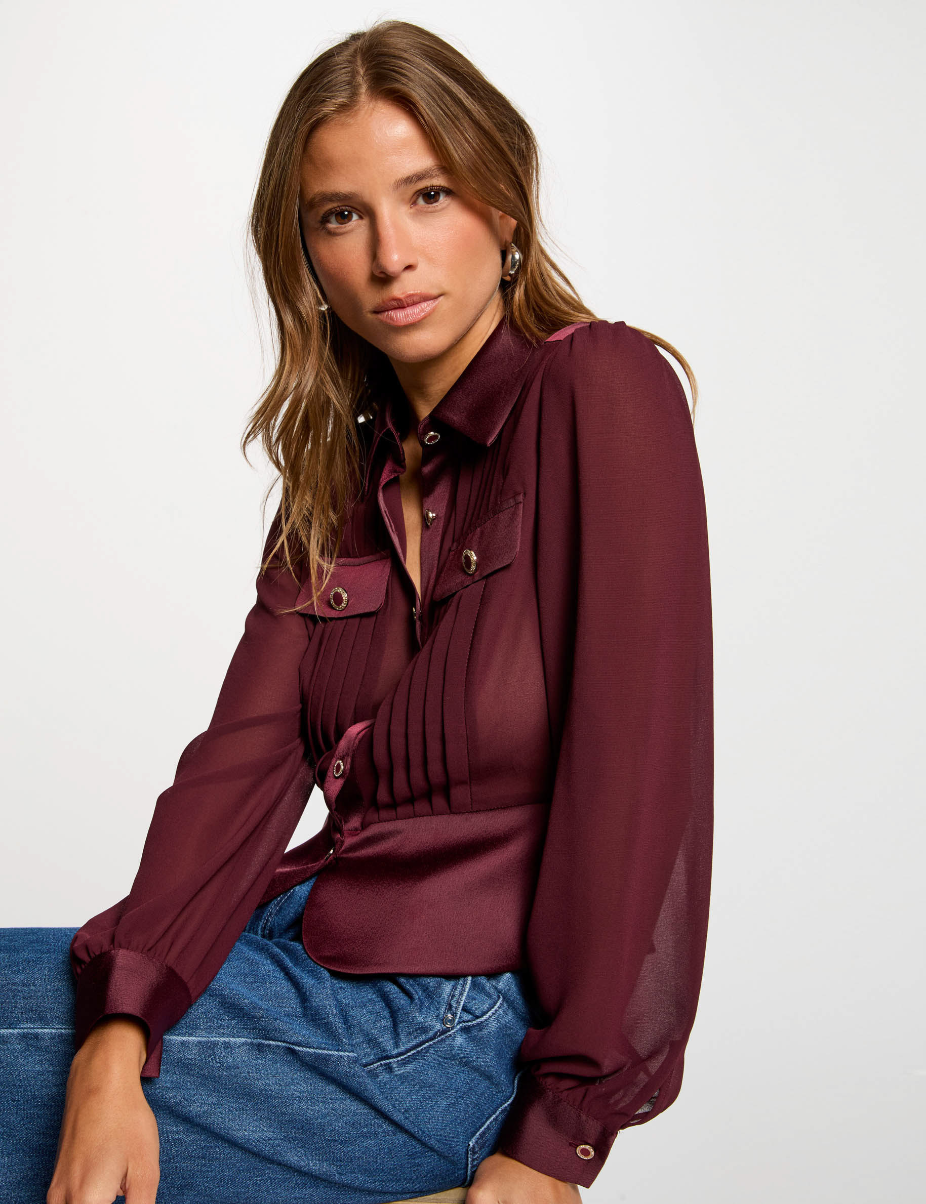 camisa manga larga con pliegues ciruela mujer Camisa manga larga con pliegues ciruela mujer