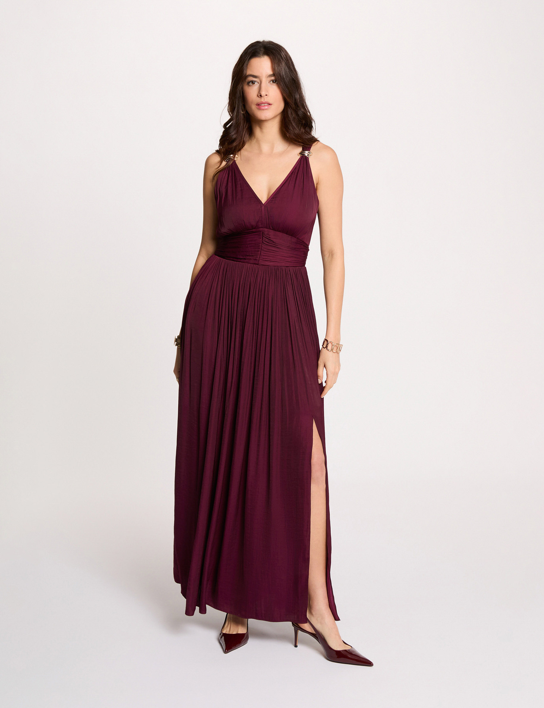 Vestido largo con cuello en V ciruela mujer