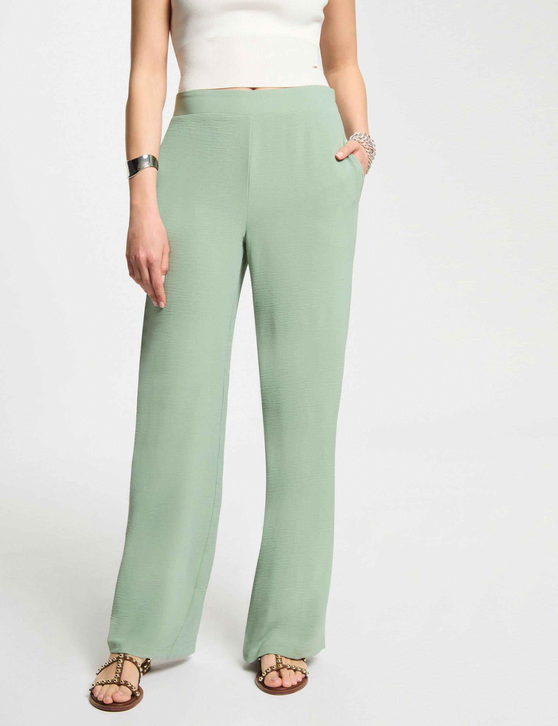 pantalon pernera ancha holgado verde claro mujer Pantalón pernera ancha holgado verde claro mujer
