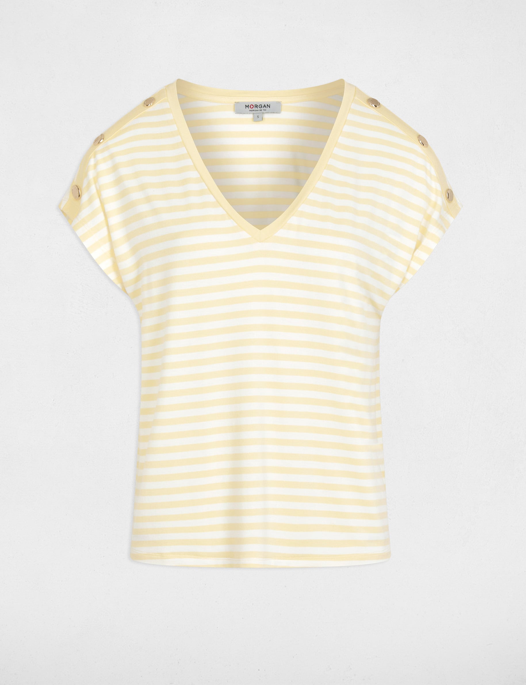 Camiseta de rayas con cuello v amarillo pastel mujer