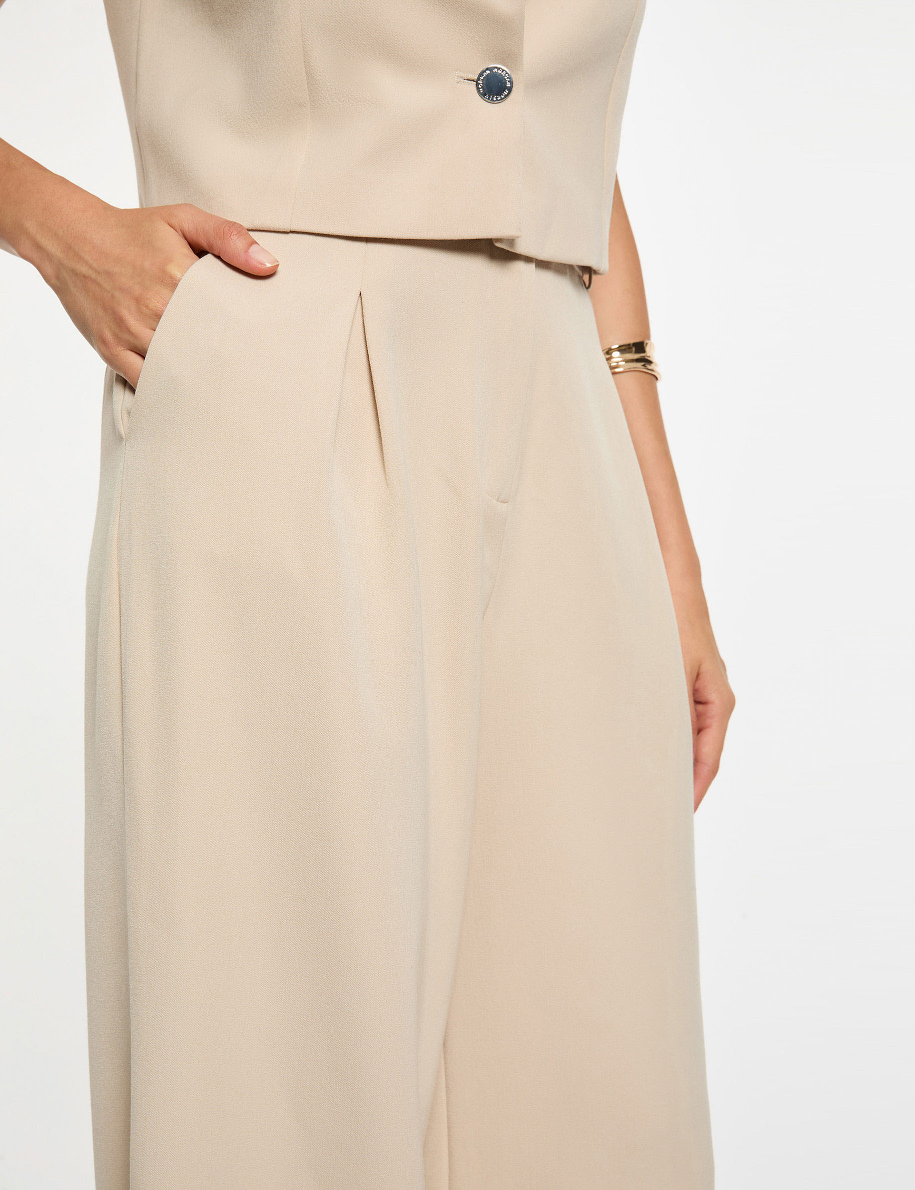 Pantal&oacute;n ancho de tiro alto beige mujer