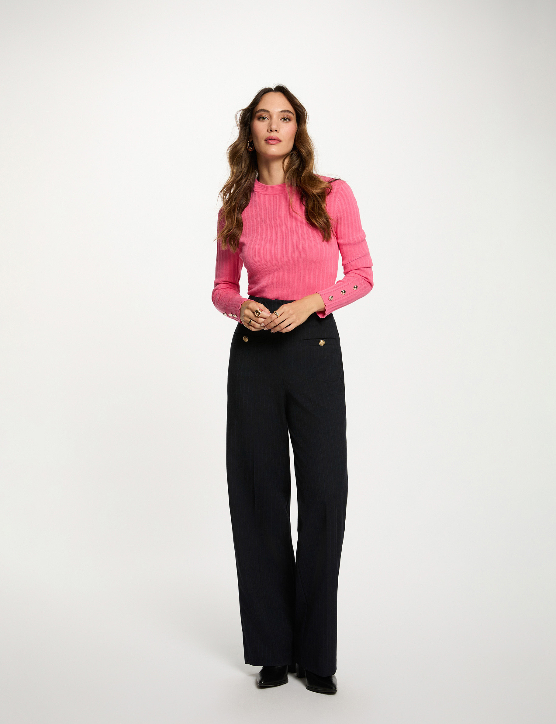 Jersey ajustado cuello chimenea rosado fucsia mujer