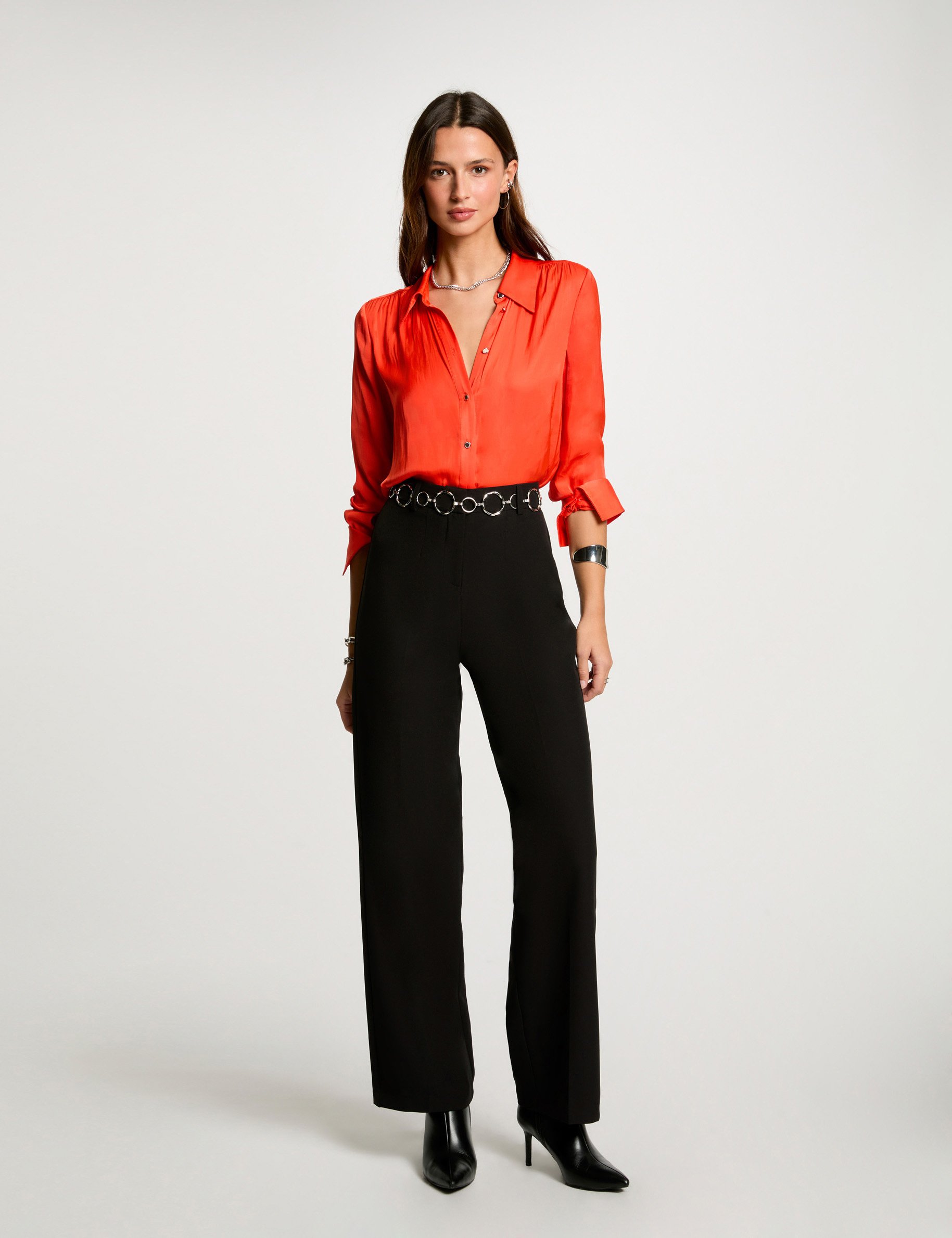 camisa manga larga satinada naranja oscuro mujer Camisa manga larga satinada naranja oscuro mujer