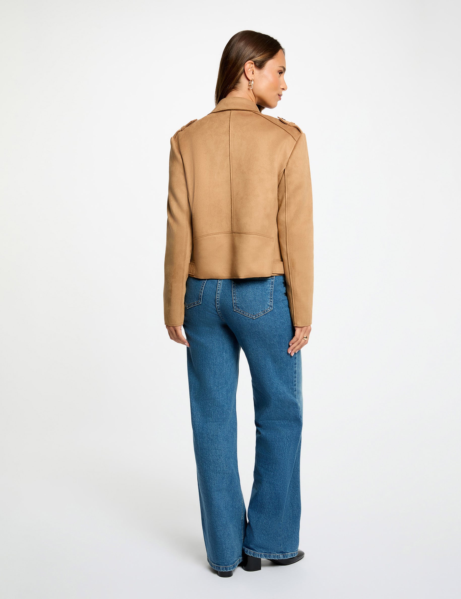Chaqueta corta de ante marr&oacute;n co&ntilde;ac mujer