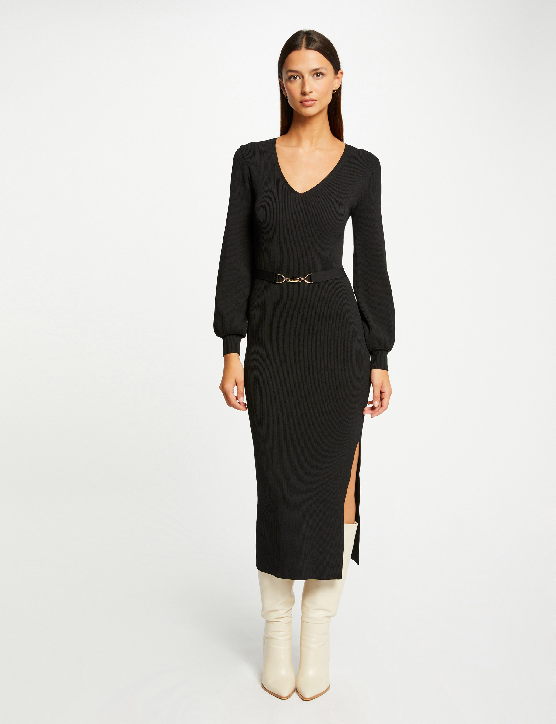 Vestido de punto largo ajustado negro mujer