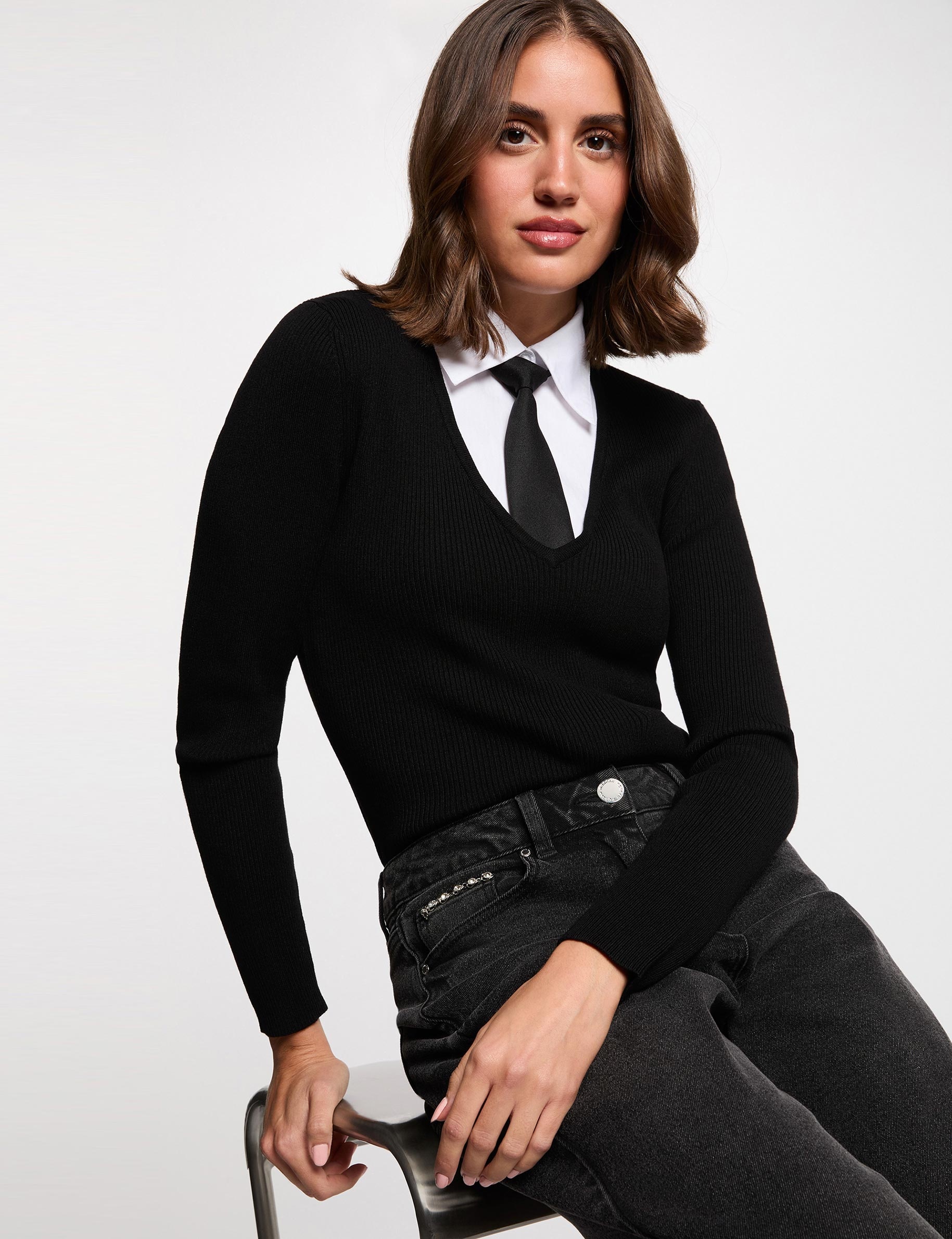 Jersey 2 en 1 con cuello vuelto negro mujer