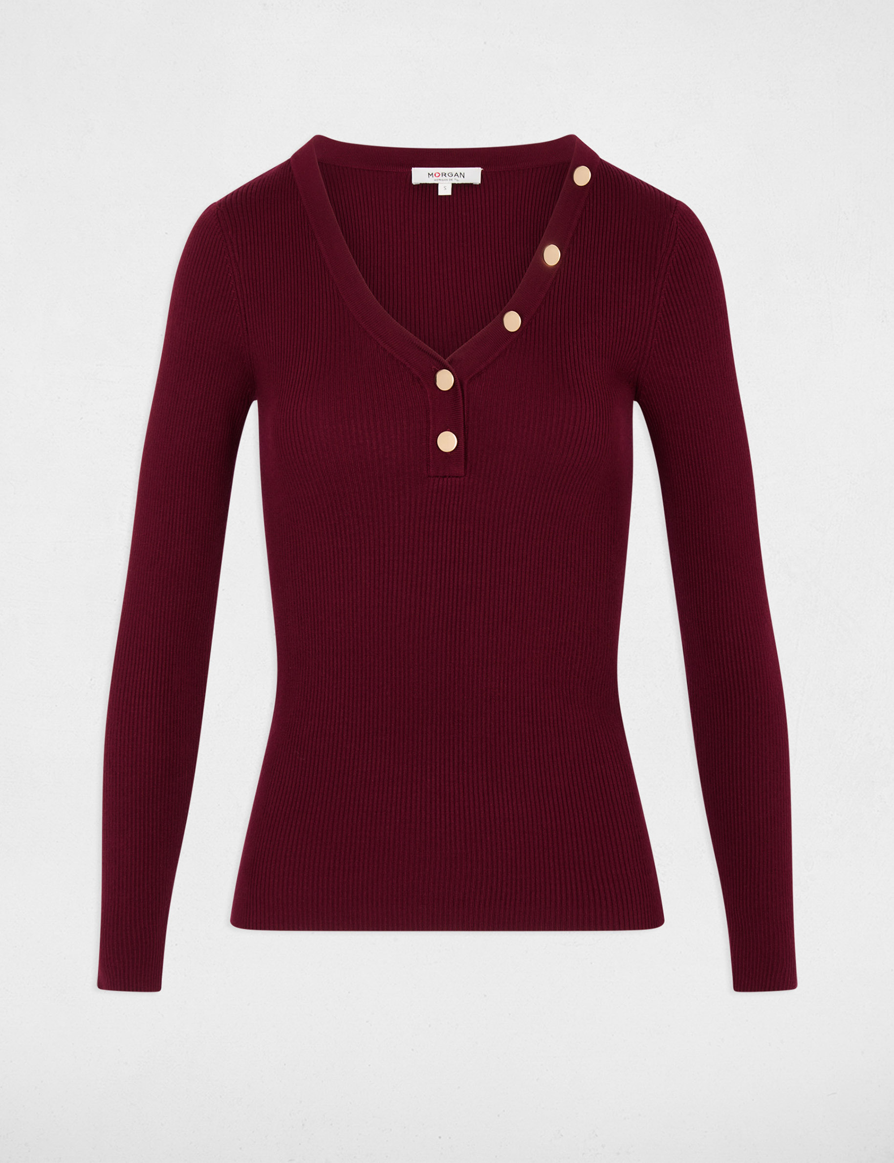 Jersey ajustado con cuello en V burdeos mujer