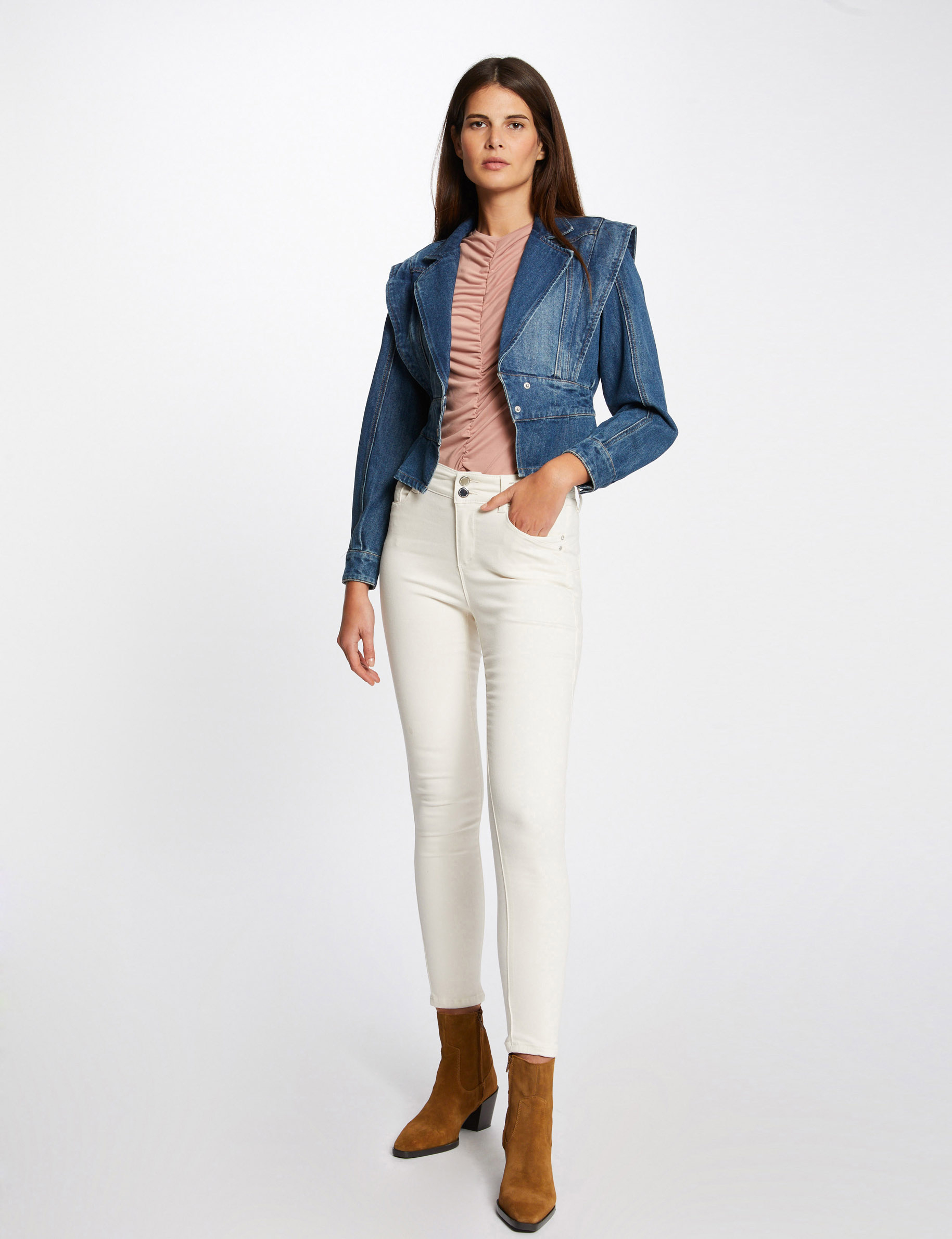 Pantalón slim con detalles tipo joya marfil mujer Pantalón slim con detalles tipo joya marfil mujer