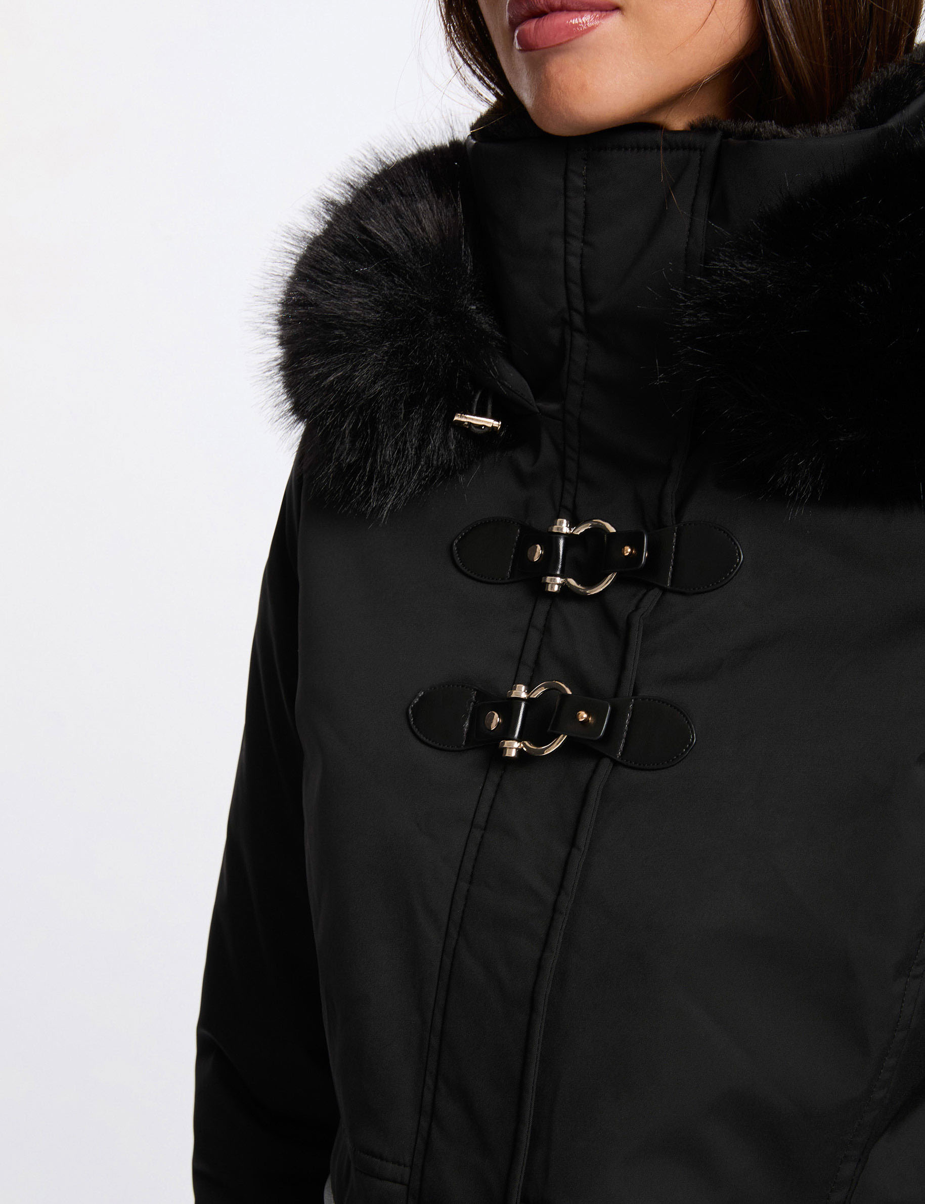 Parka recta de media longitud negro mujer