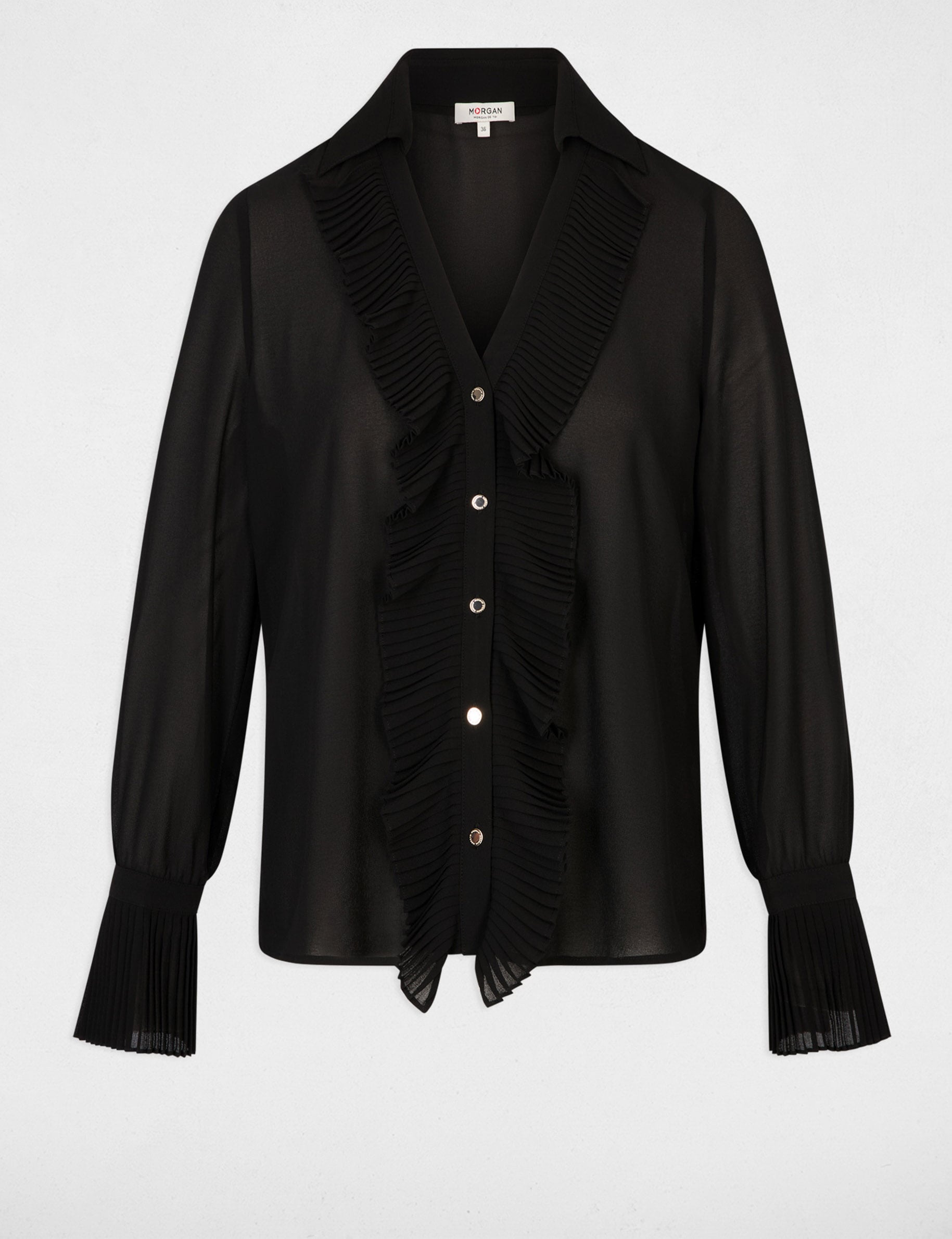 Camisa de gasa con cuello vuelto negro mujer