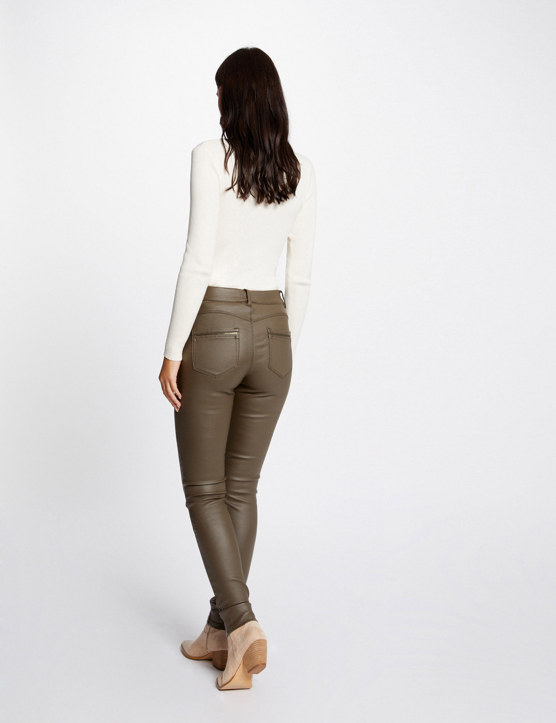 Pantalón skinny efecto mojado verde caqui mujer