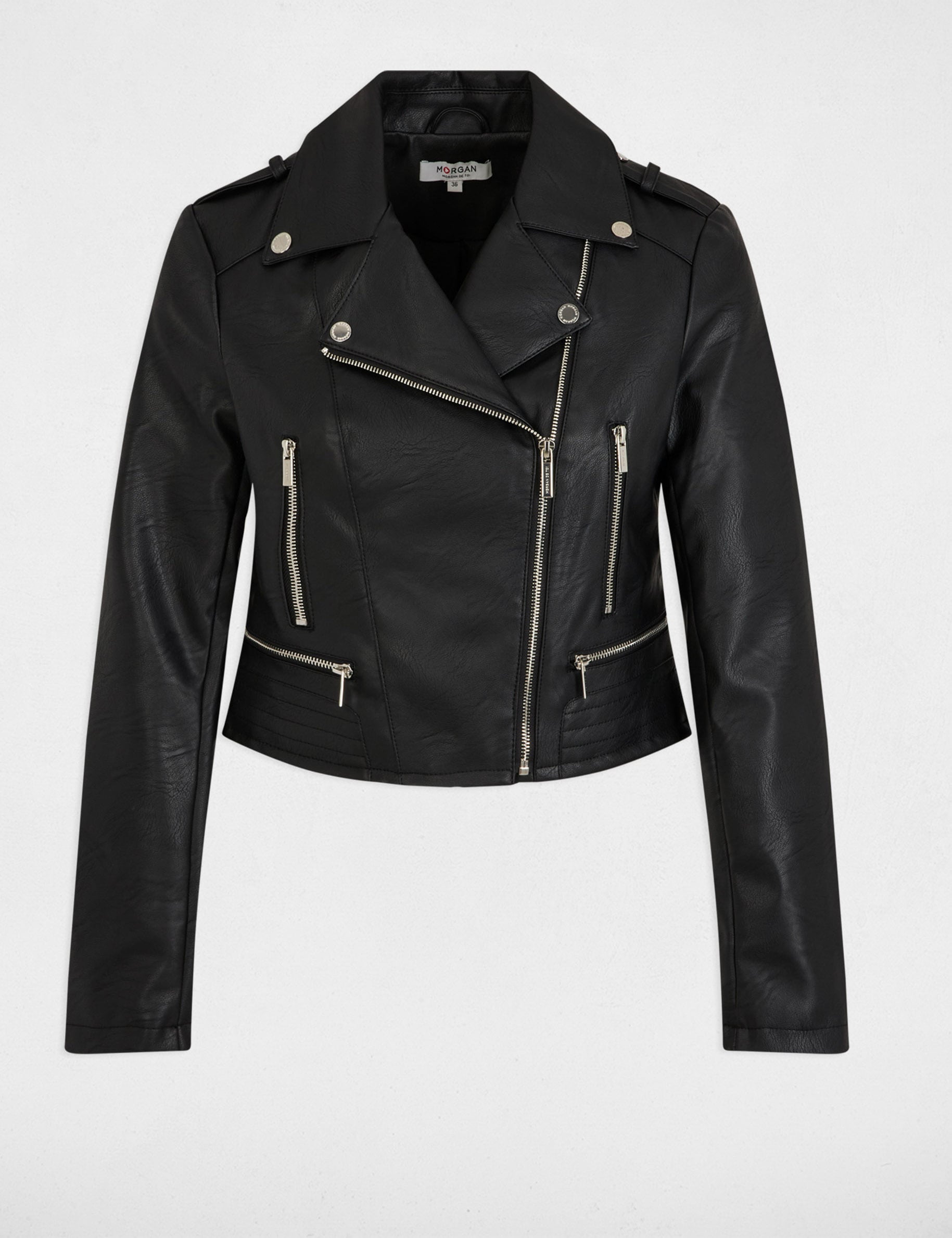 Chaqueta entallada de cuero sint&eacute;tico negro mujer