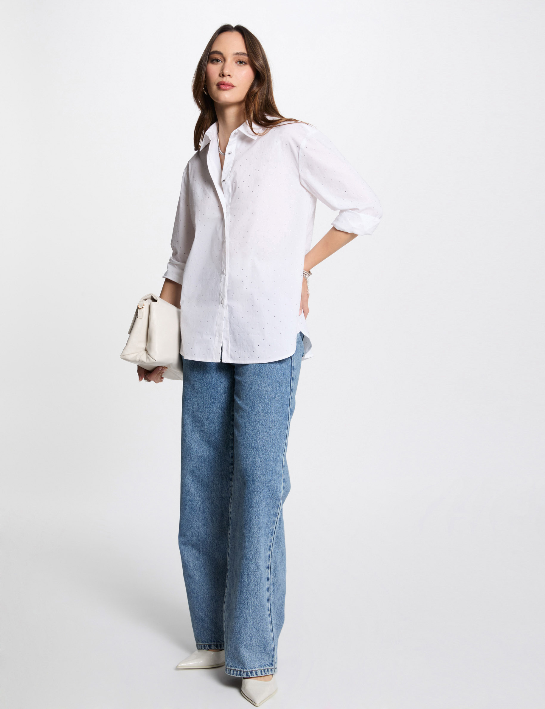 camisa manga larga strass blanco mujer Camisa manga larga strass blanco mujer