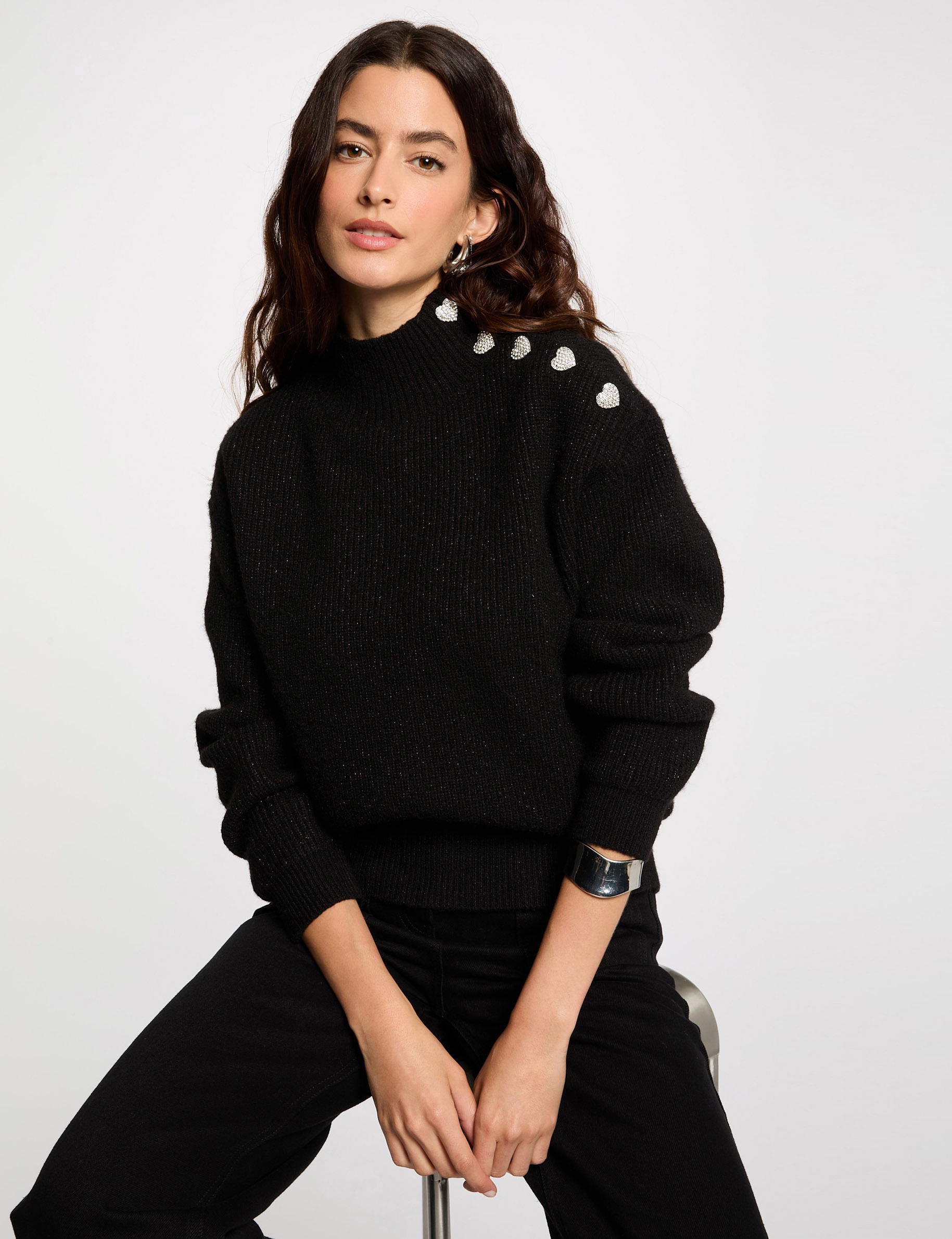 Jersey manga larga con botones negro mujer